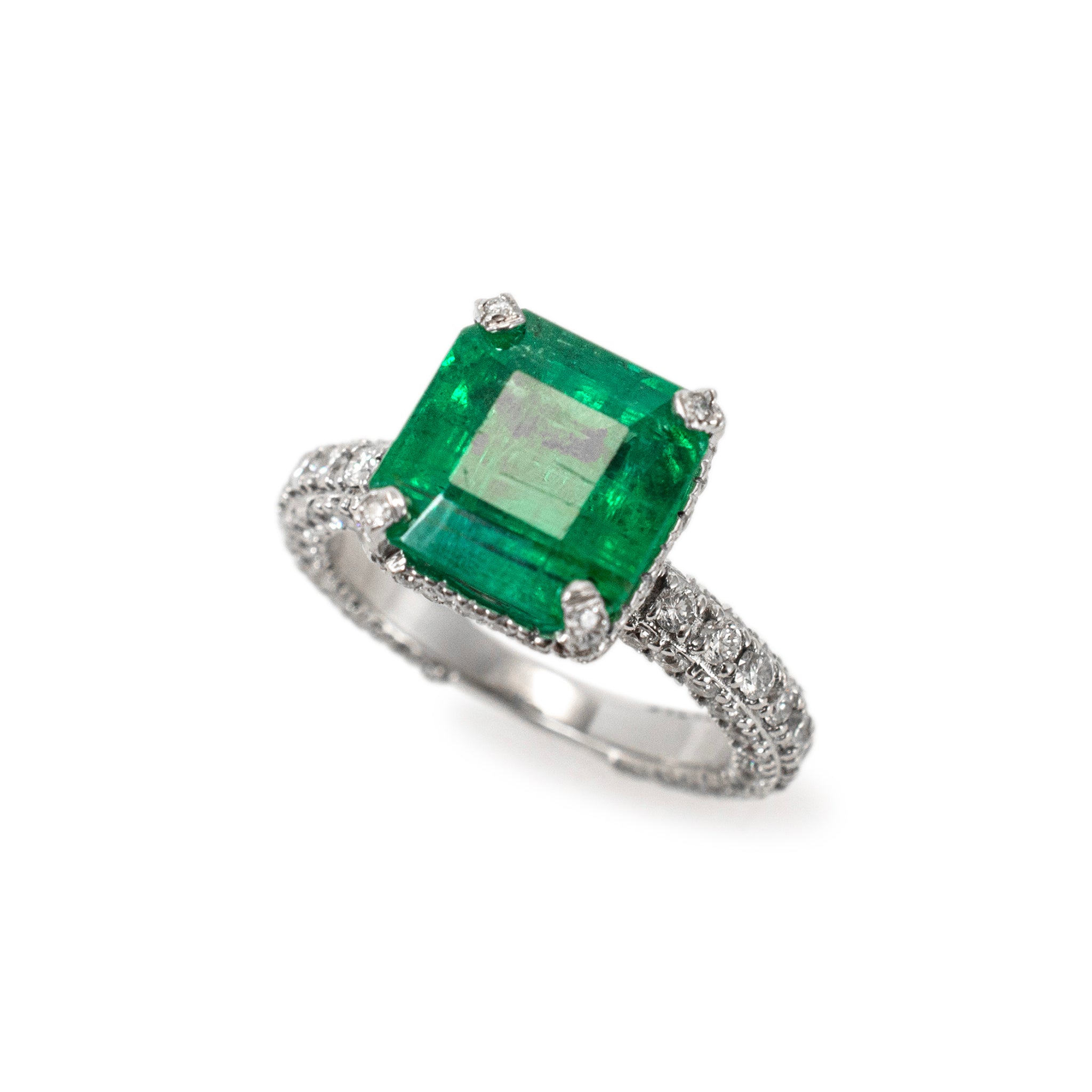 14K White Gold GIA 3.90ct Emerald Hidden Halo Accented Diamond Cocktail Ring