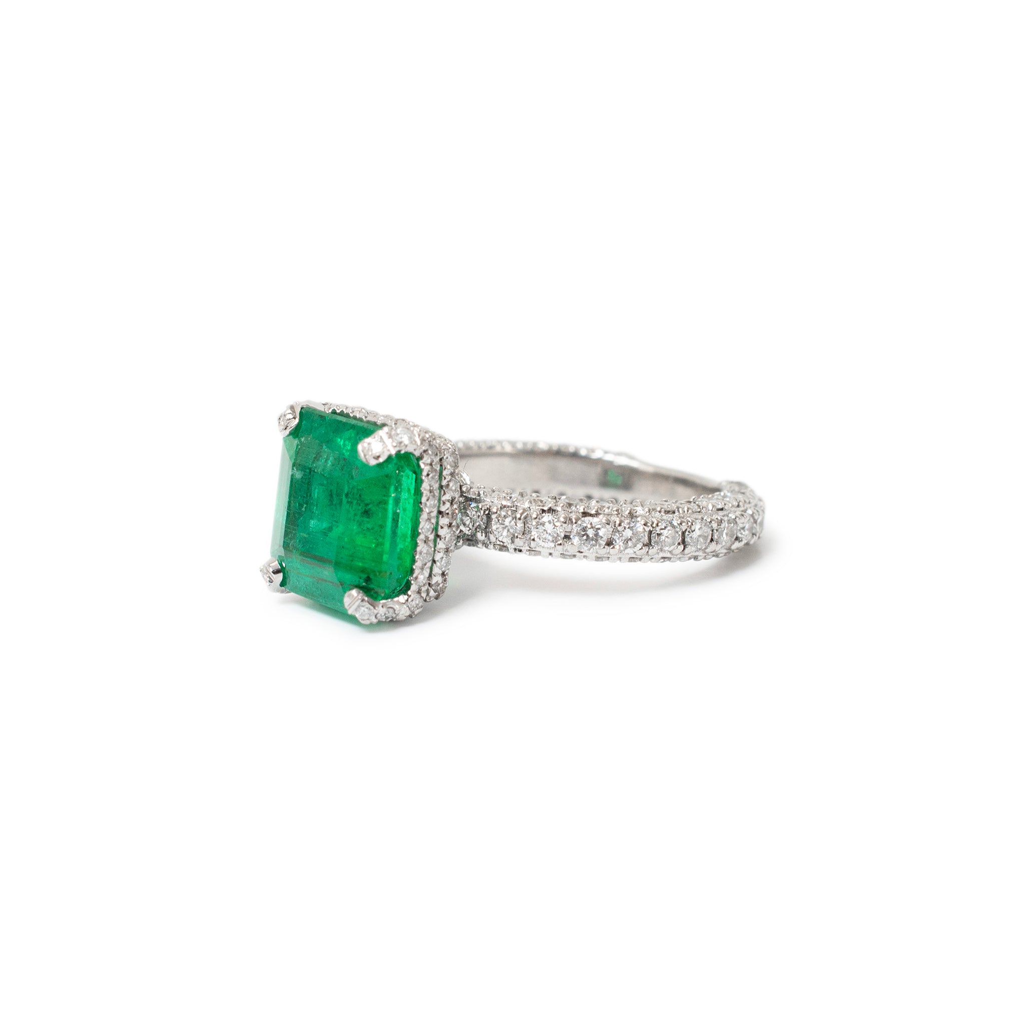 14K White Gold GIA 3.90ct Emerald Hidden Halo Accented Diamond Cocktail Ring
