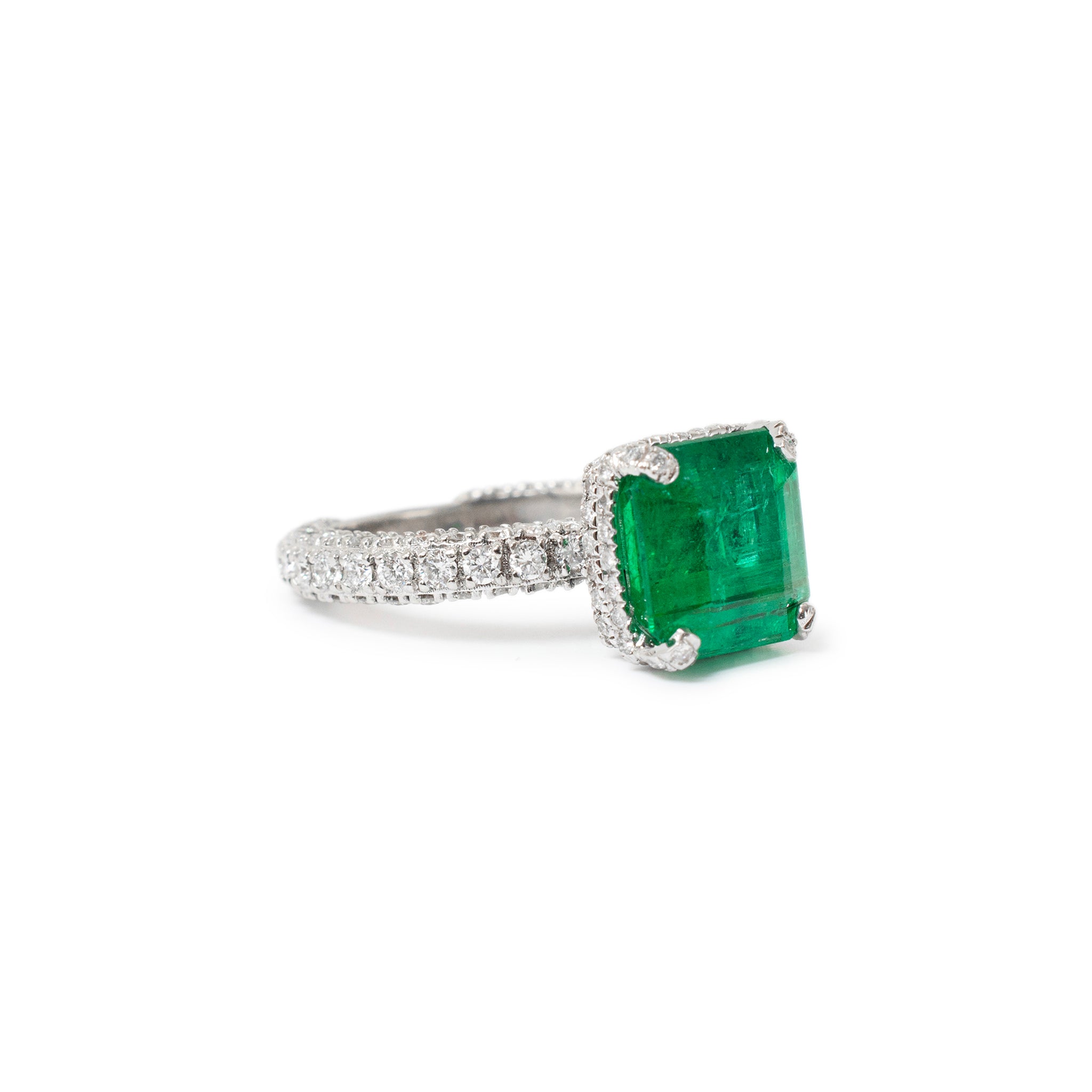 14K White Gold GIA 3.90ct Emerald Hidden Halo Accented Diamond Cocktail Ring