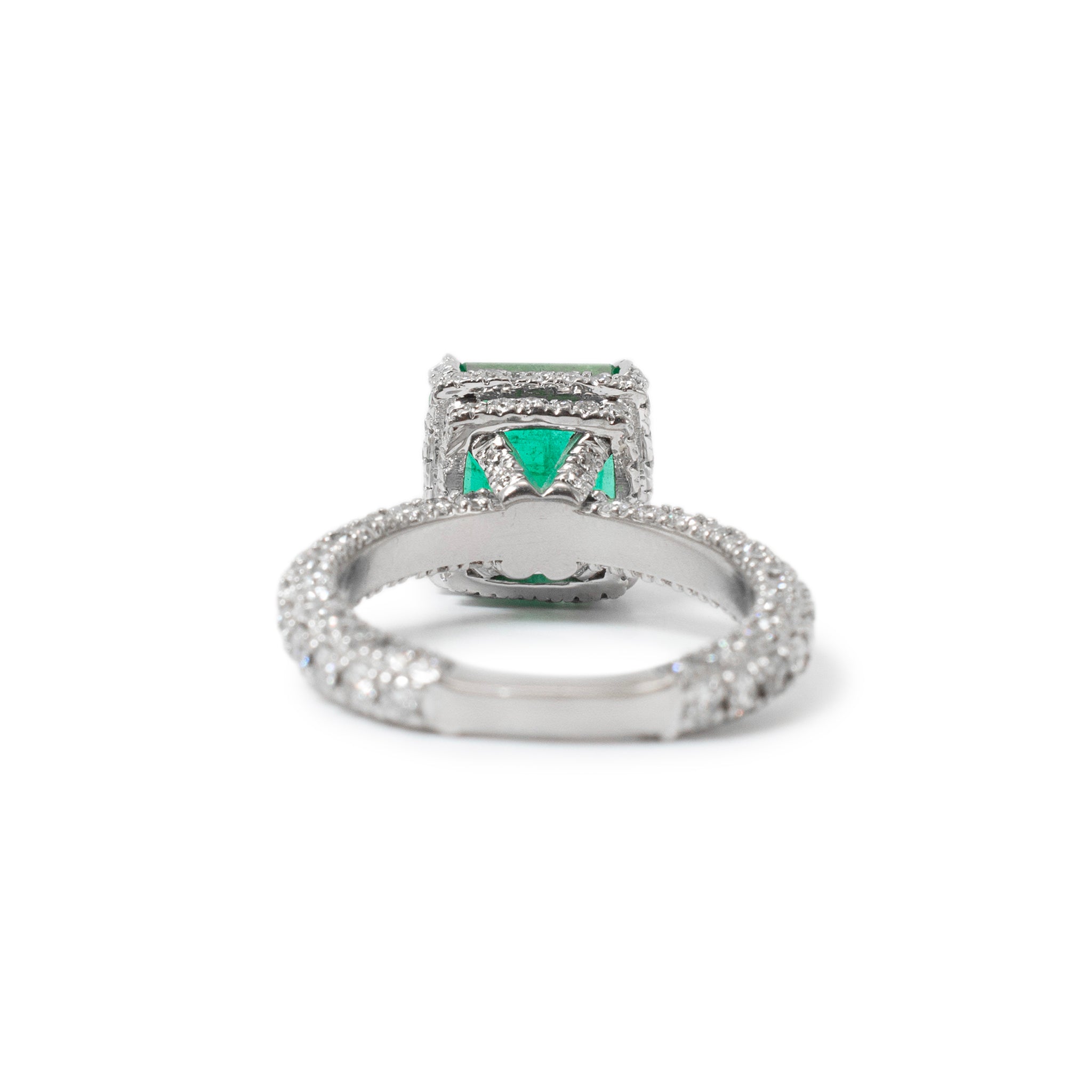 14K White Gold GIA 3.90ct Emerald Hidden Halo Accented Diamond Cocktail Ring