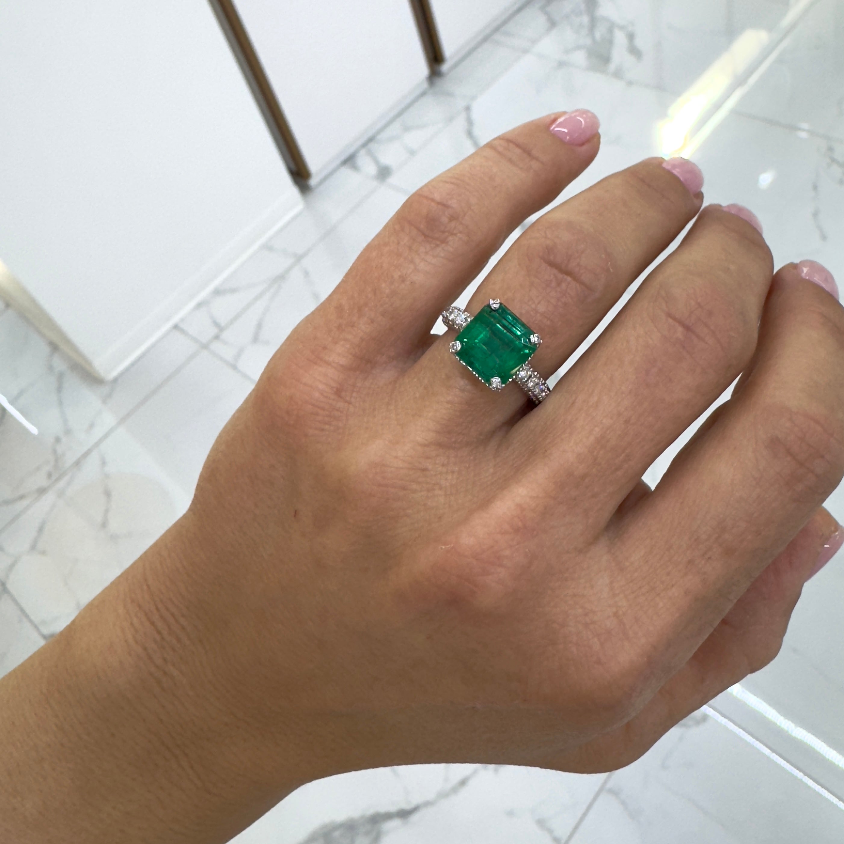 14K White Gold GIA 3.90ct Emerald Hidden Halo Accented Diamond Cocktail Ring