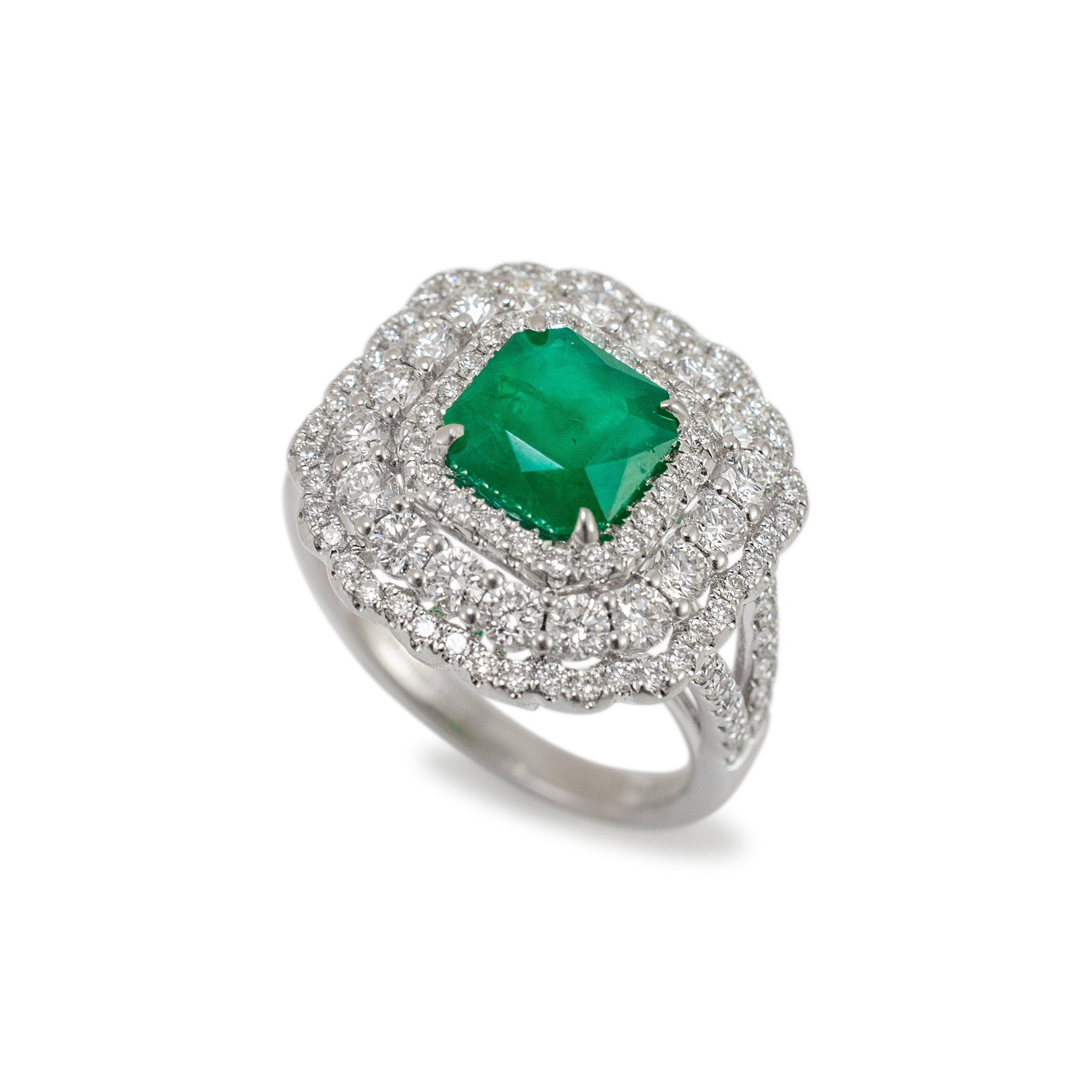 Ladies 18K White Gold Emerald Triple Halo Accented Diamond Cocktail Ring