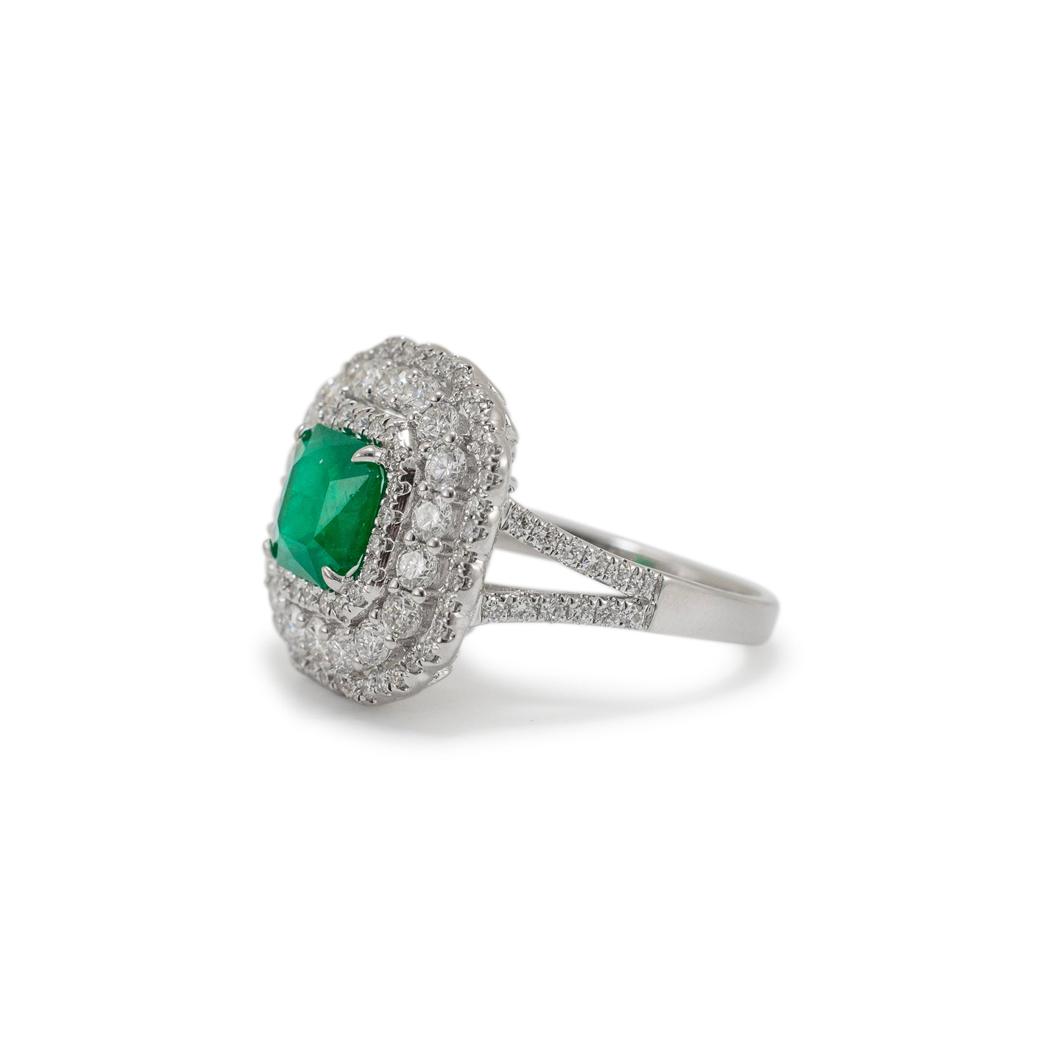 Ladies 18K White Gold Emerald Triple Halo Accented Diamond Cocktail Ring