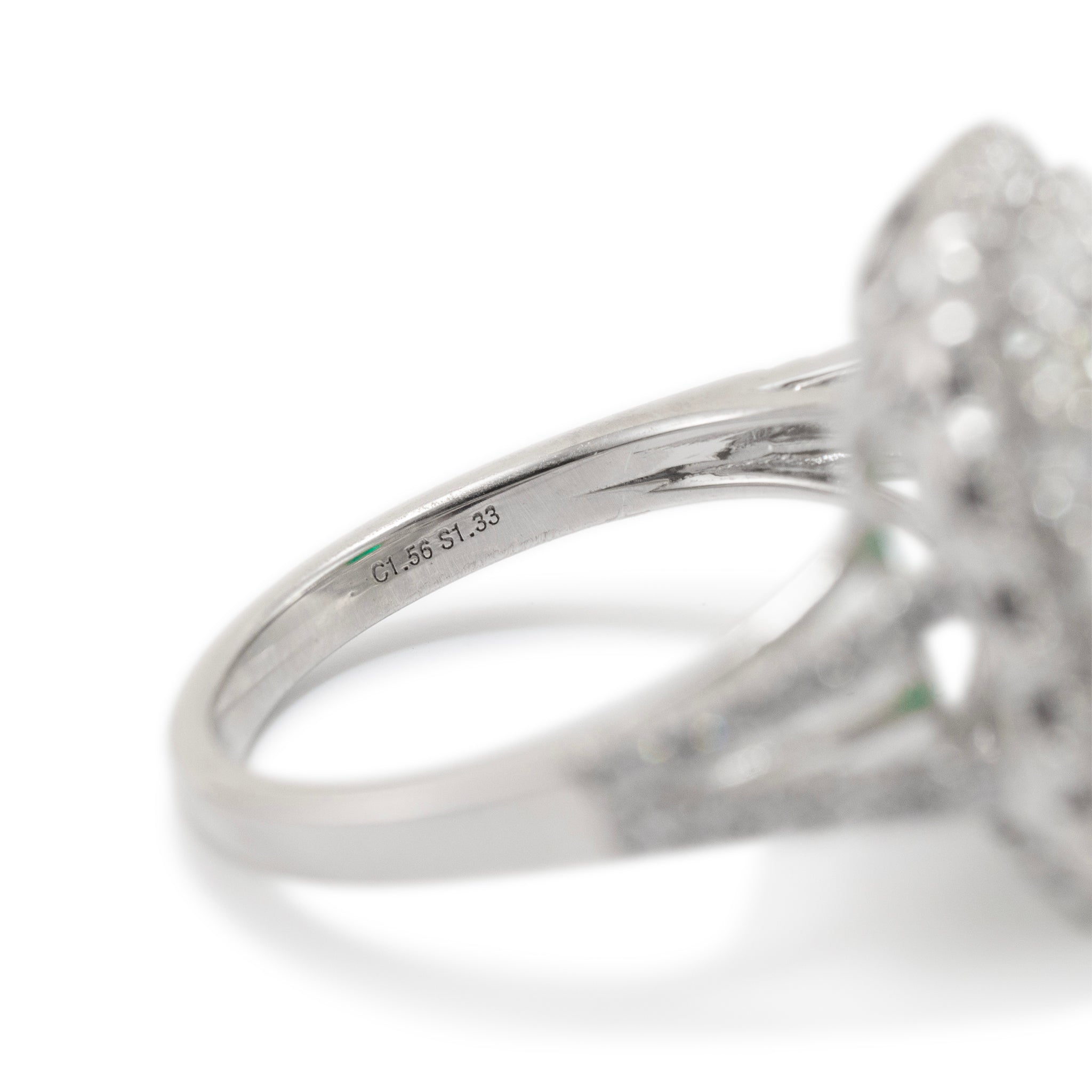 Ladies 18K White Gold Emerald Triple Halo Accented Diamond Cocktail Ring