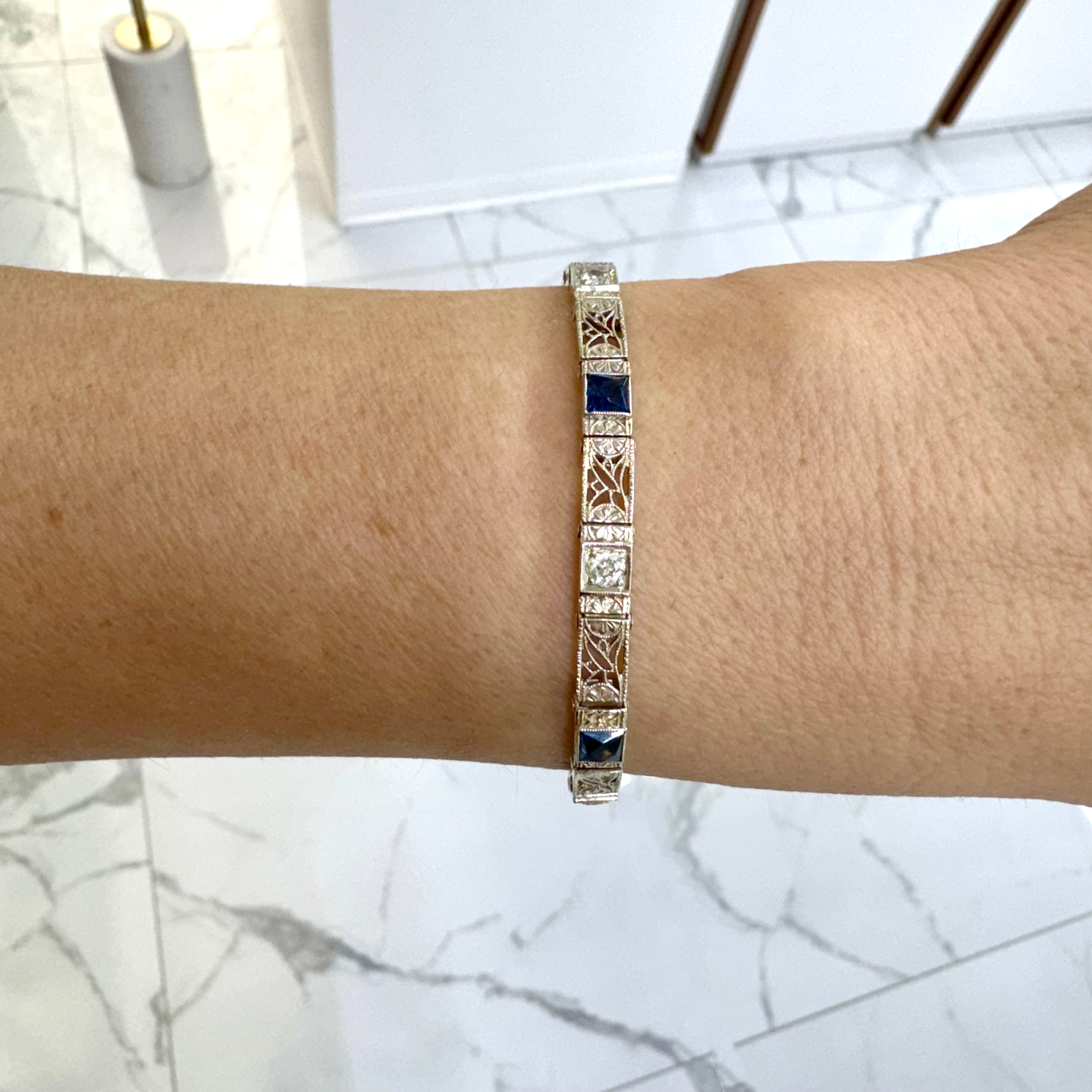 Antique Art Deco 14K White Gold Old European Cut Diamond Sapphire Link Bracelet