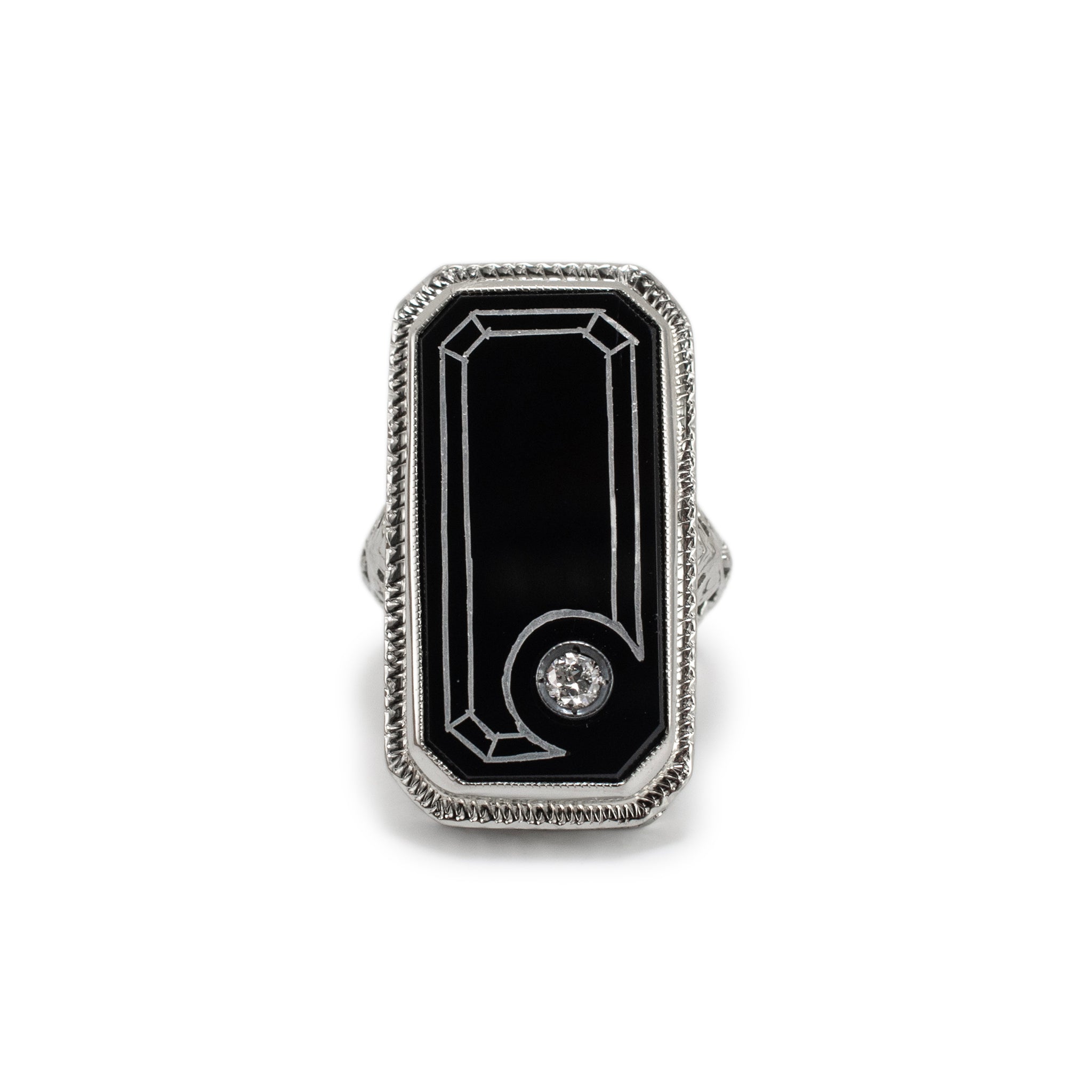 Antique 18K White Gold Rectangular Black Onyx Circular Diamond Cocktail Ring
