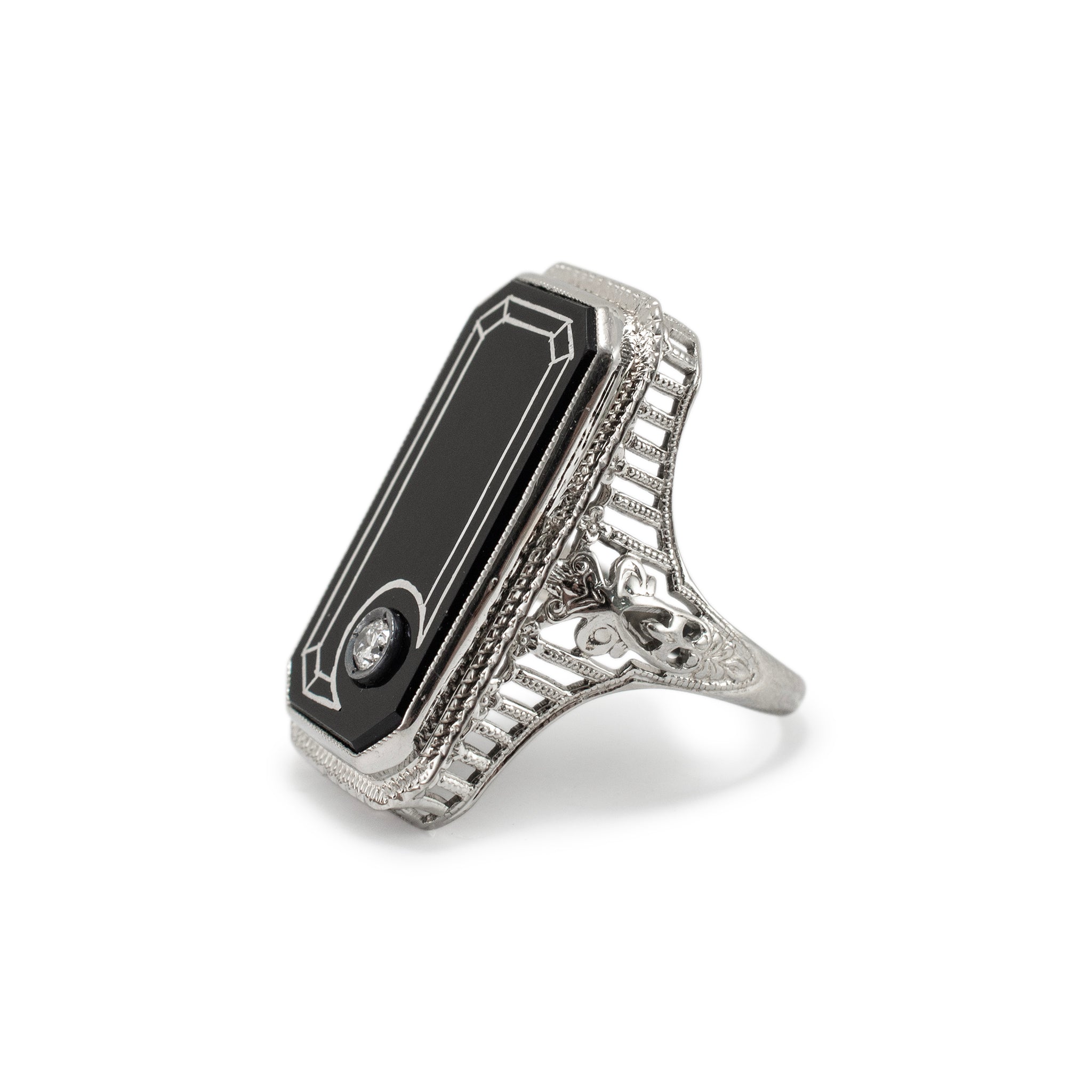 Antique 18K White Gold Rectangular Black Onyx Circular Diamond Cocktail Ring