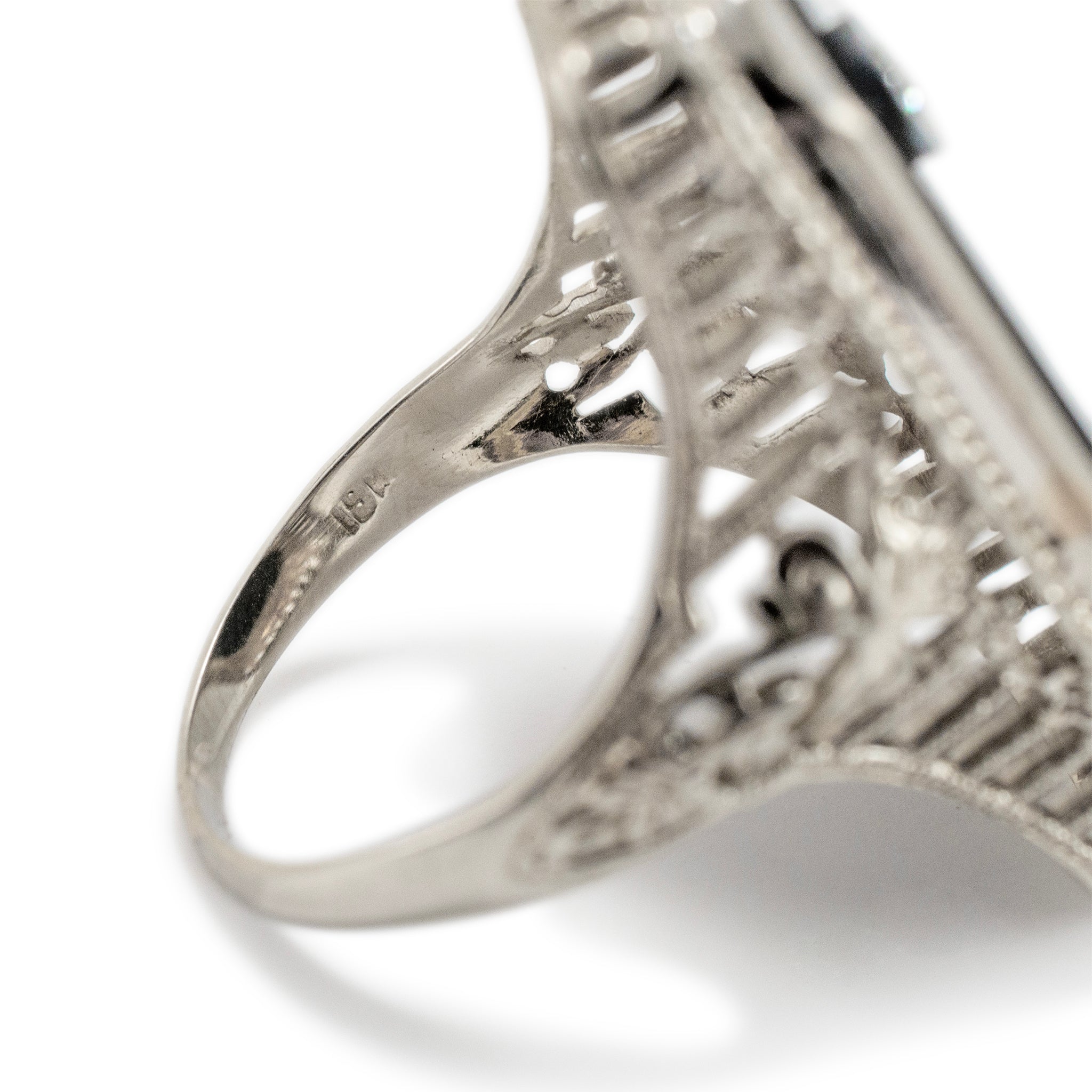 Antique 18K White Gold Rectangular Black Onyx Circular Diamond Cocktail Ring