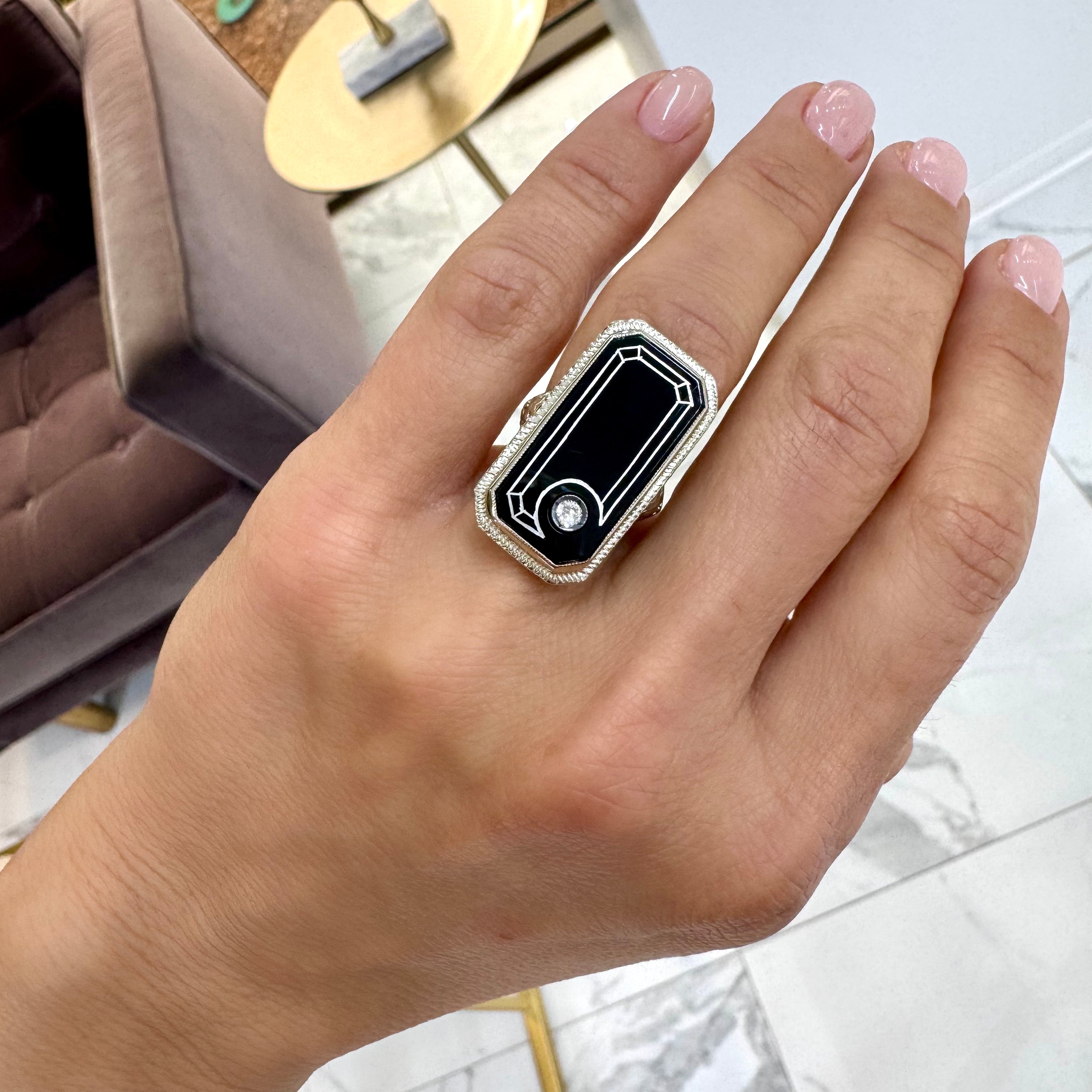 Antique 18K White Gold Rectangular Black Onyx Circular Diamond Cocktail Ring