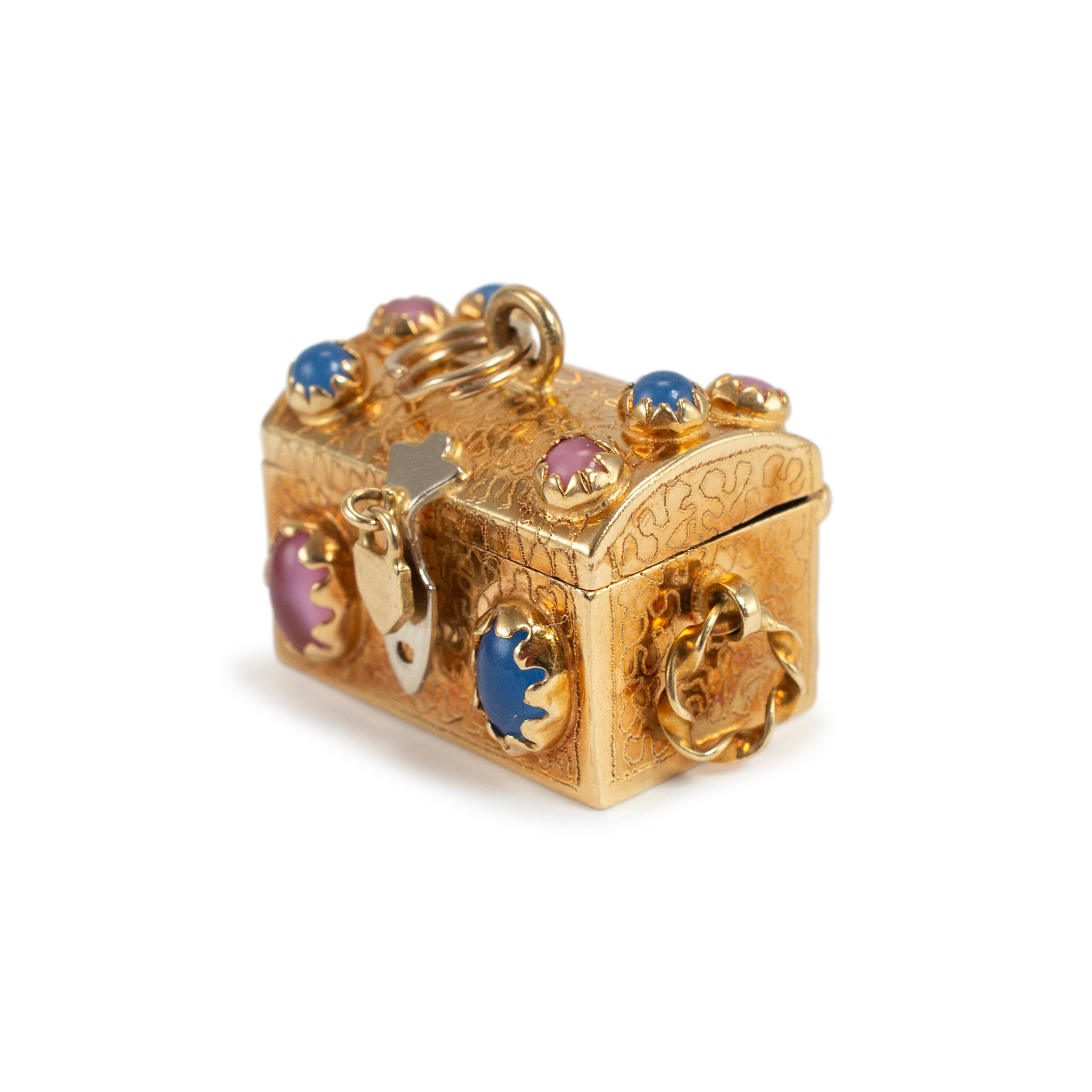 Vintage 18K Yellow Gold Treasure Chest With Multicolored Charm Gems Pendant