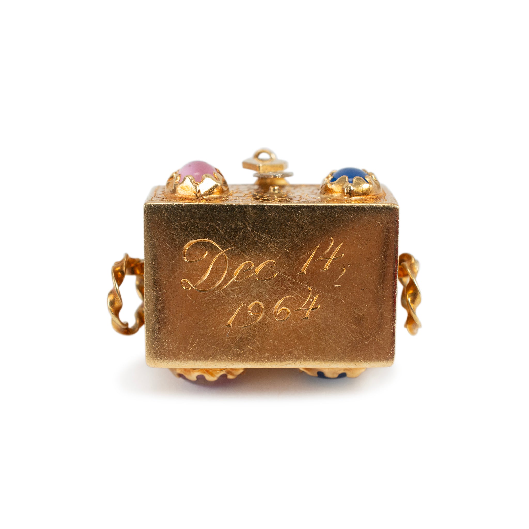 Vintage 18K Yellow Gold Treasure Chest With Multicolored Charm Gems Pendant