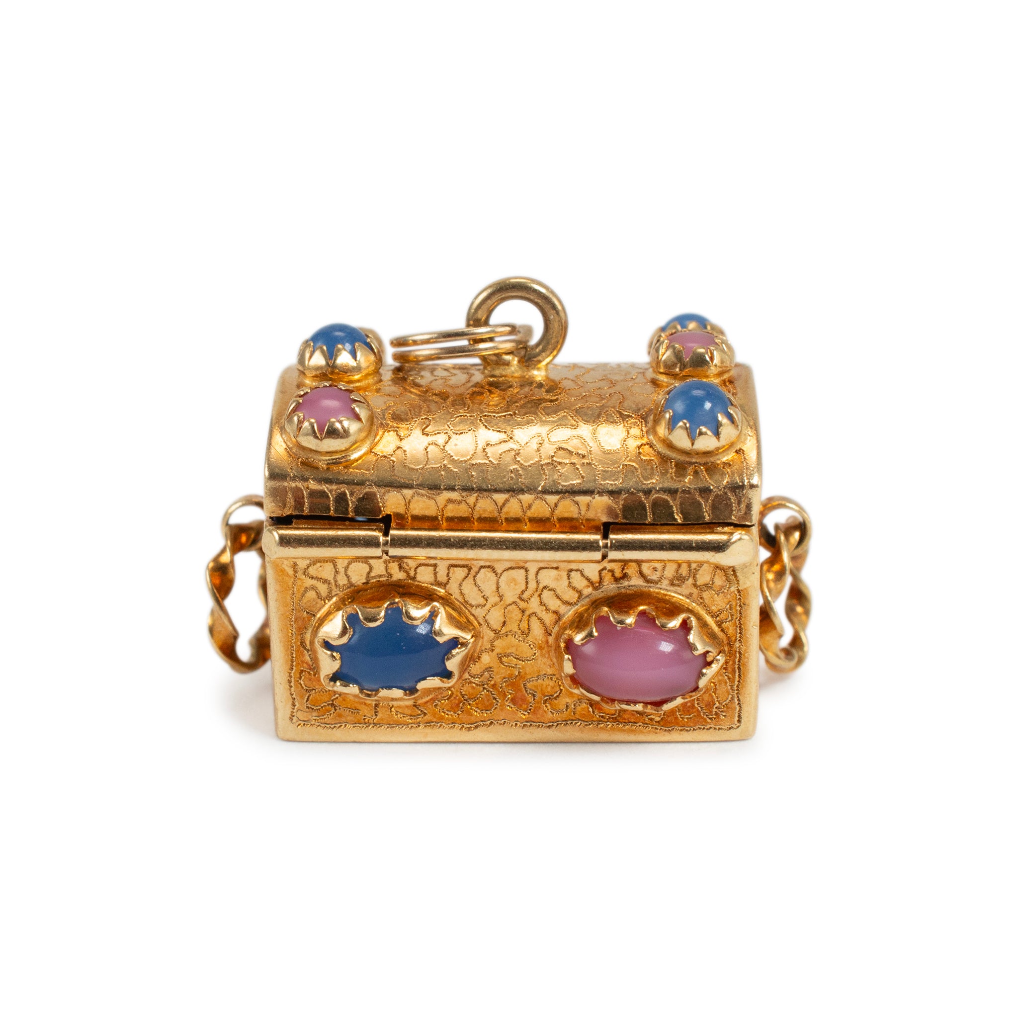 Vintage 18K Yellow Gold Treasure Chest With Multicolored Charm Gems Pendant