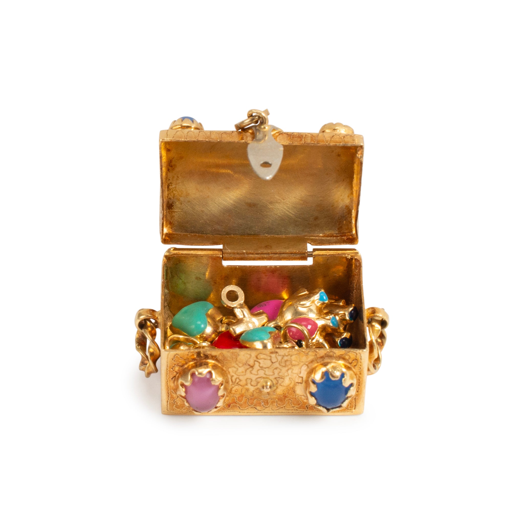 Vintage 18K Yellow Gold Treasure Chest With Multicolored Charm Gems Pendant