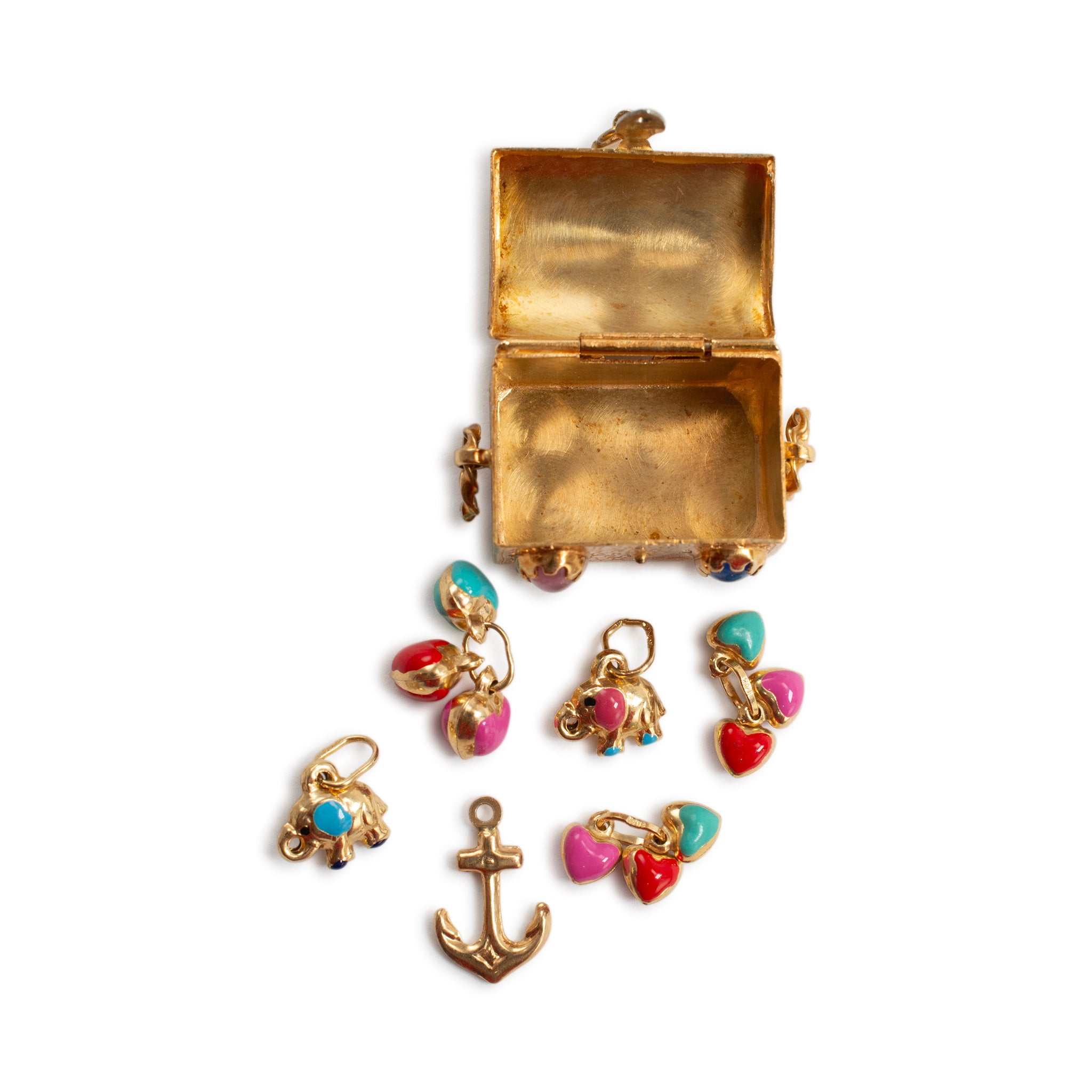 Vintage 18K Yellow Gold Treasure Chest With Multicolored Charm Gems Pendant