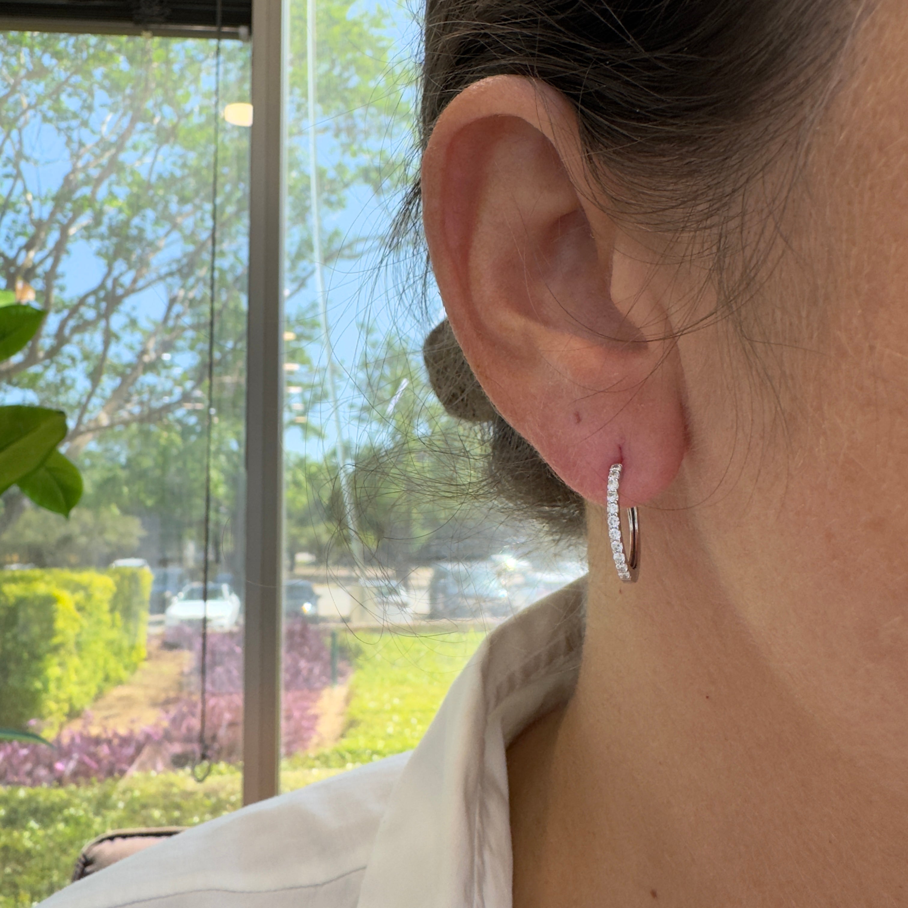 Ladies 14K White Gold Half Eternity Pave Diamond Hoop Earrings