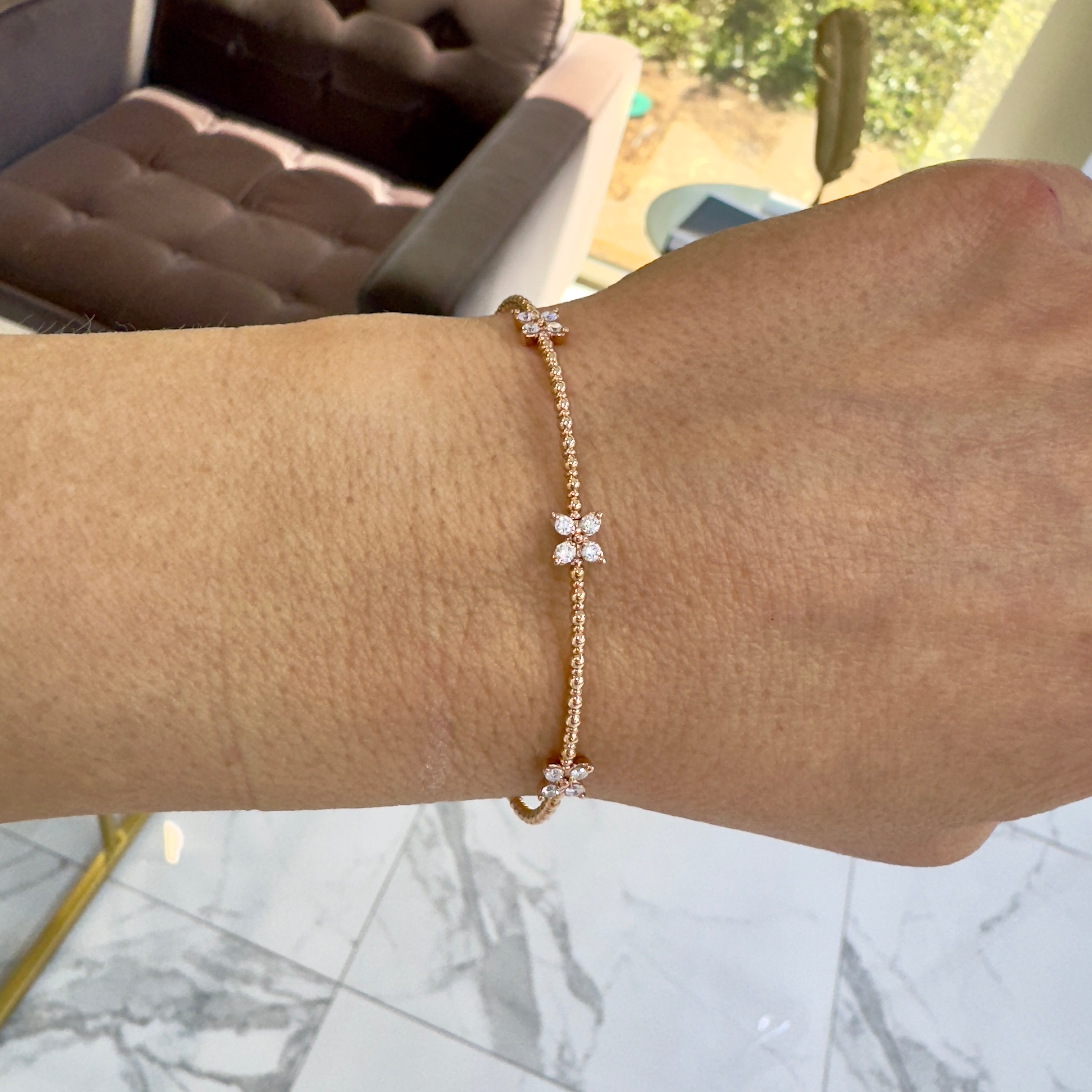 Ladies 14K Rose Gold Three Butterfly Diamond Flexible Bangle Bracelet