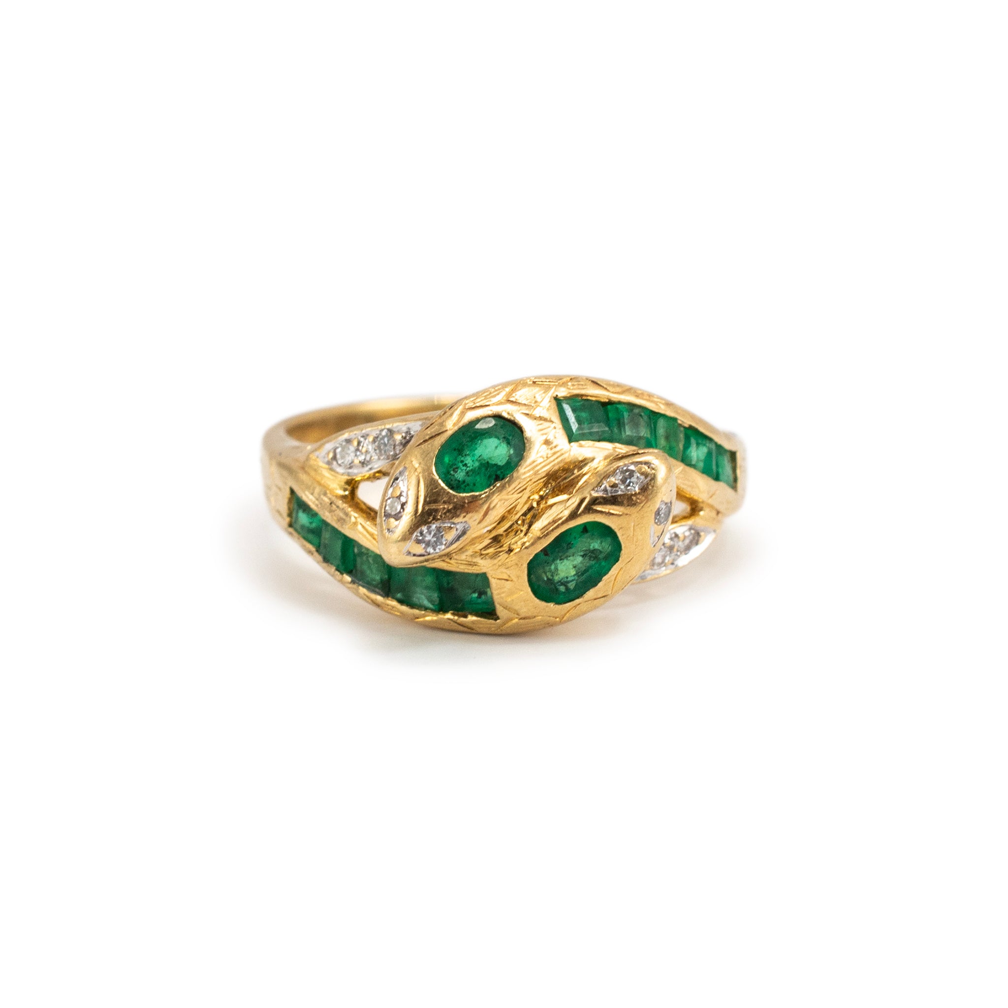 Vintage 18K Yellow Gold Emerald Diamond Bypass Double Snake Cocktail Ring