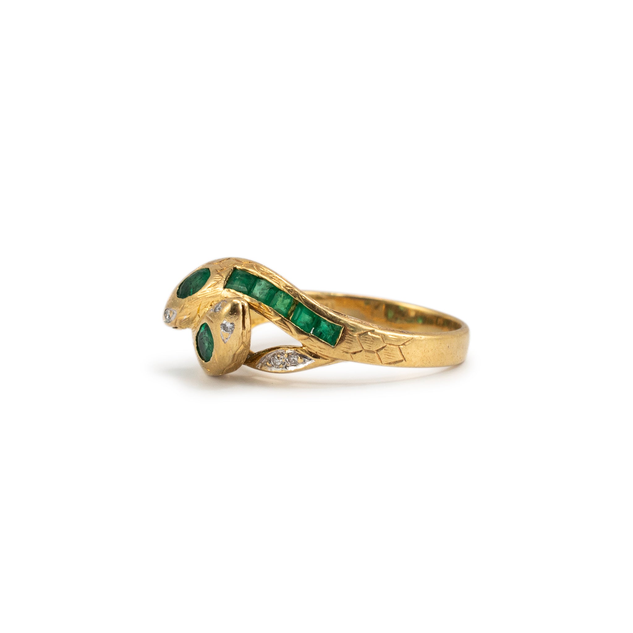 Vintage 18K Yellow Gold Emerald Diamond Bypass Double Snake Cocktail Ring