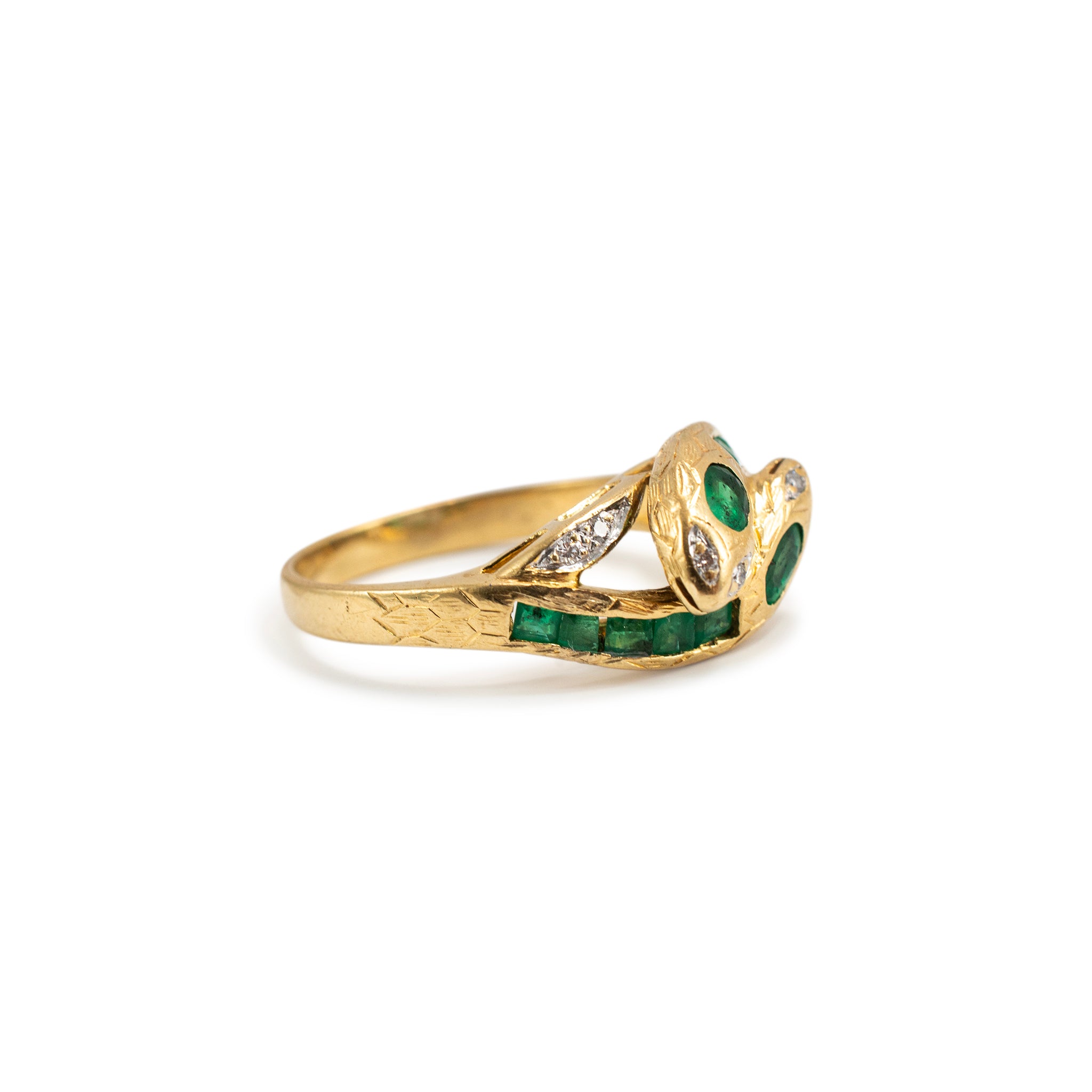 Vintage 18K Yellow Gold Emerald Diamond Bypass Double Snake Cocktail Ring