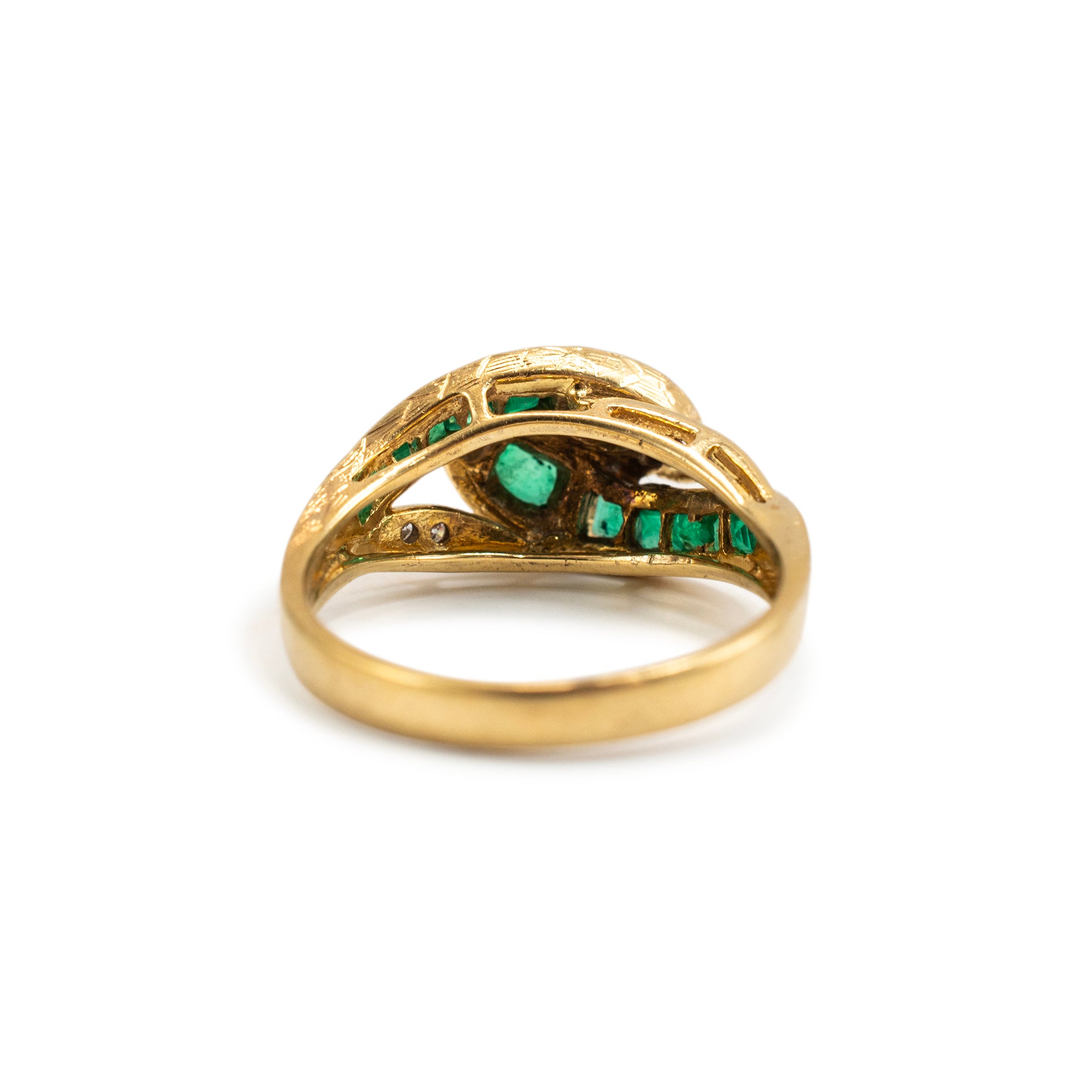 Vintage 18K Yellow Gold Emerald Diamond Bypass Double Snake Cocktail Ring