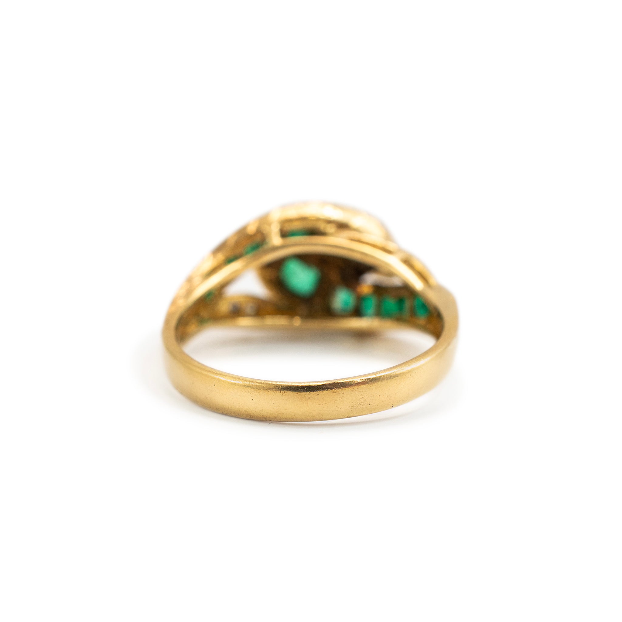 Vintage 18K Yellow Gold Emerald Diamond Bypass Double Snake Cocktail Ring