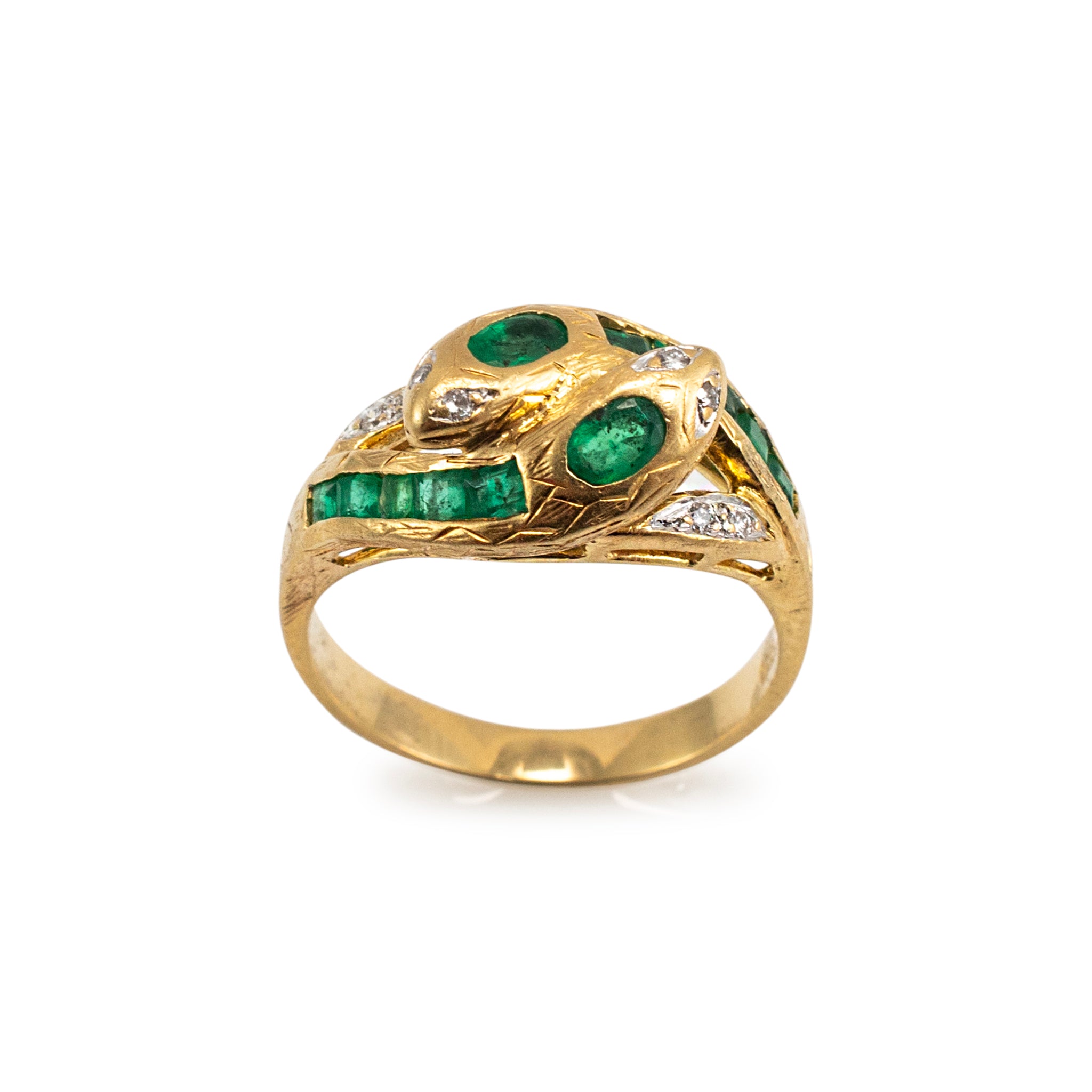 Vintage 18K Yellow Gold Emerald Diamond Bypass Double Snake Cocktail Ring