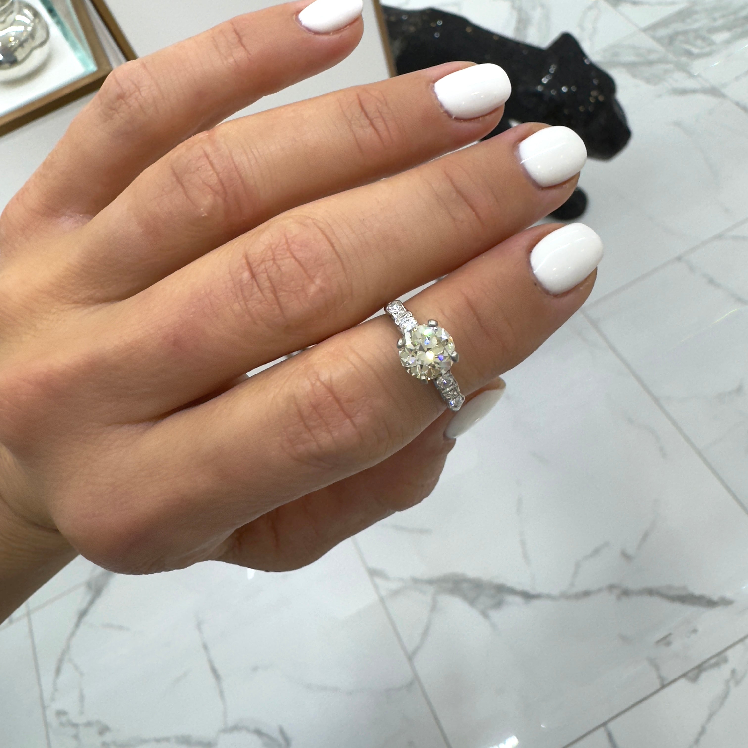 Antique Platinum 1.57ct Old European Cut Diamond Accented Engagement Ring