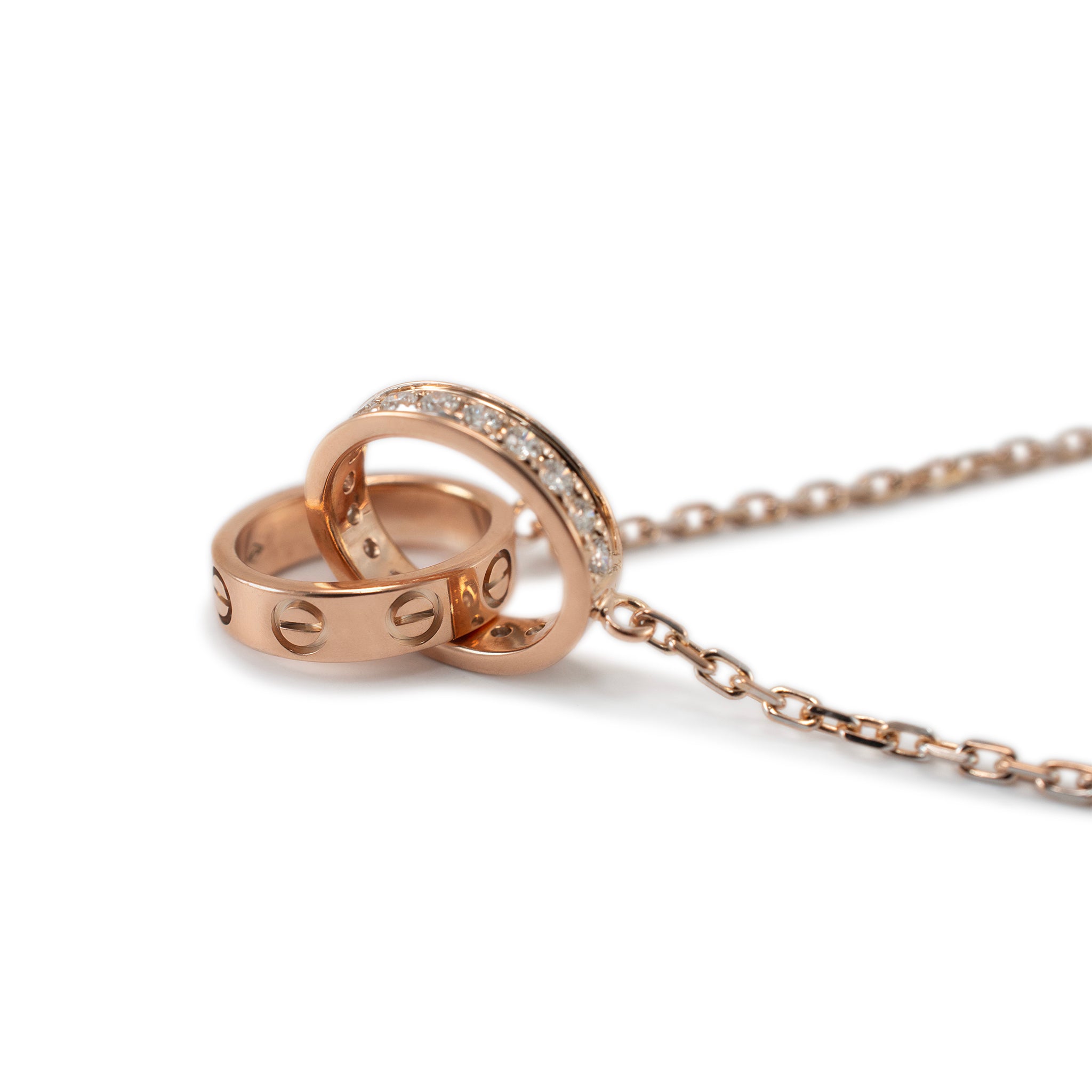 Cartier 18K Rose Gold Half Paved Diamond Baby Love Pendant Necklace