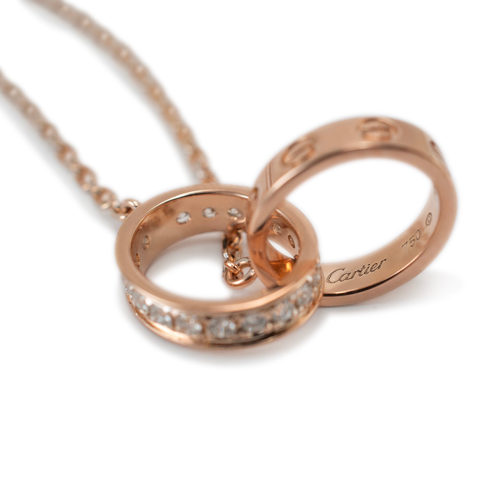 Cartier 18K Rose Gold Half Paved Diamond Baby Love Pendant Necklace