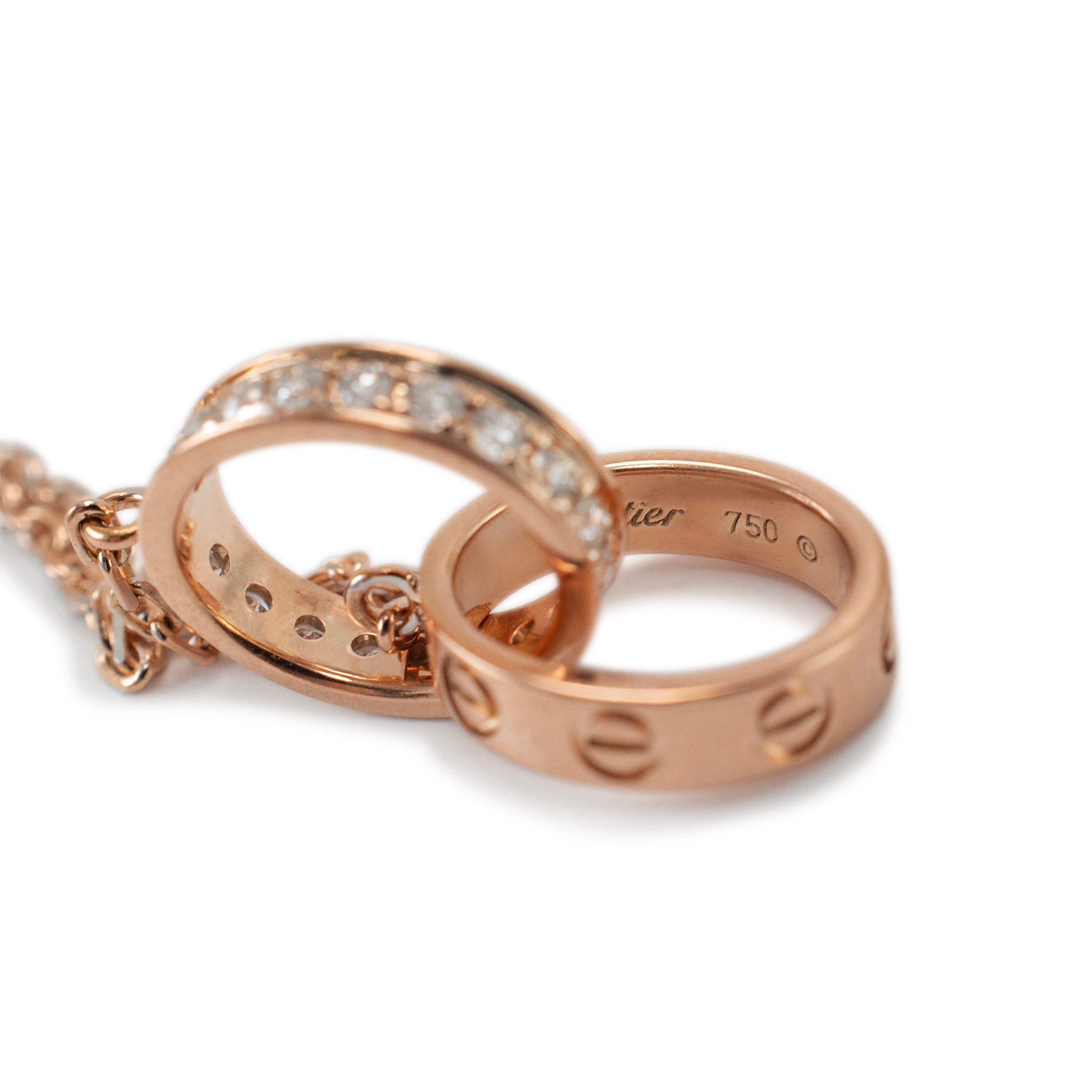Cartier 18K Rose Gold Half Paved Diamond Baby Love Pendant Necklace