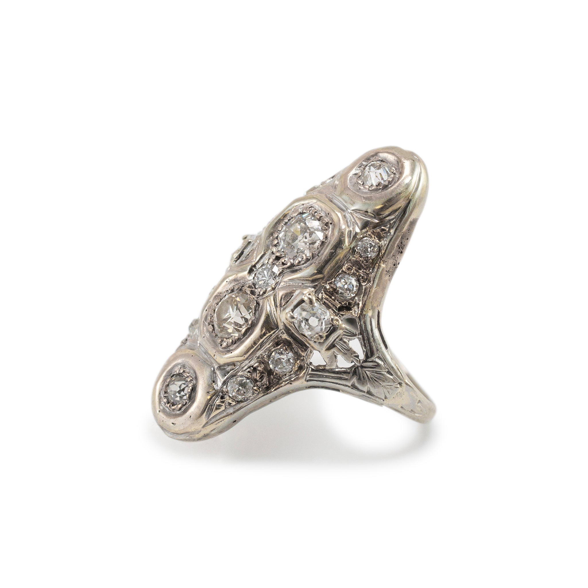 Ladies Antique White Gold Old European & Baguette Diamond Cocktail Ring
