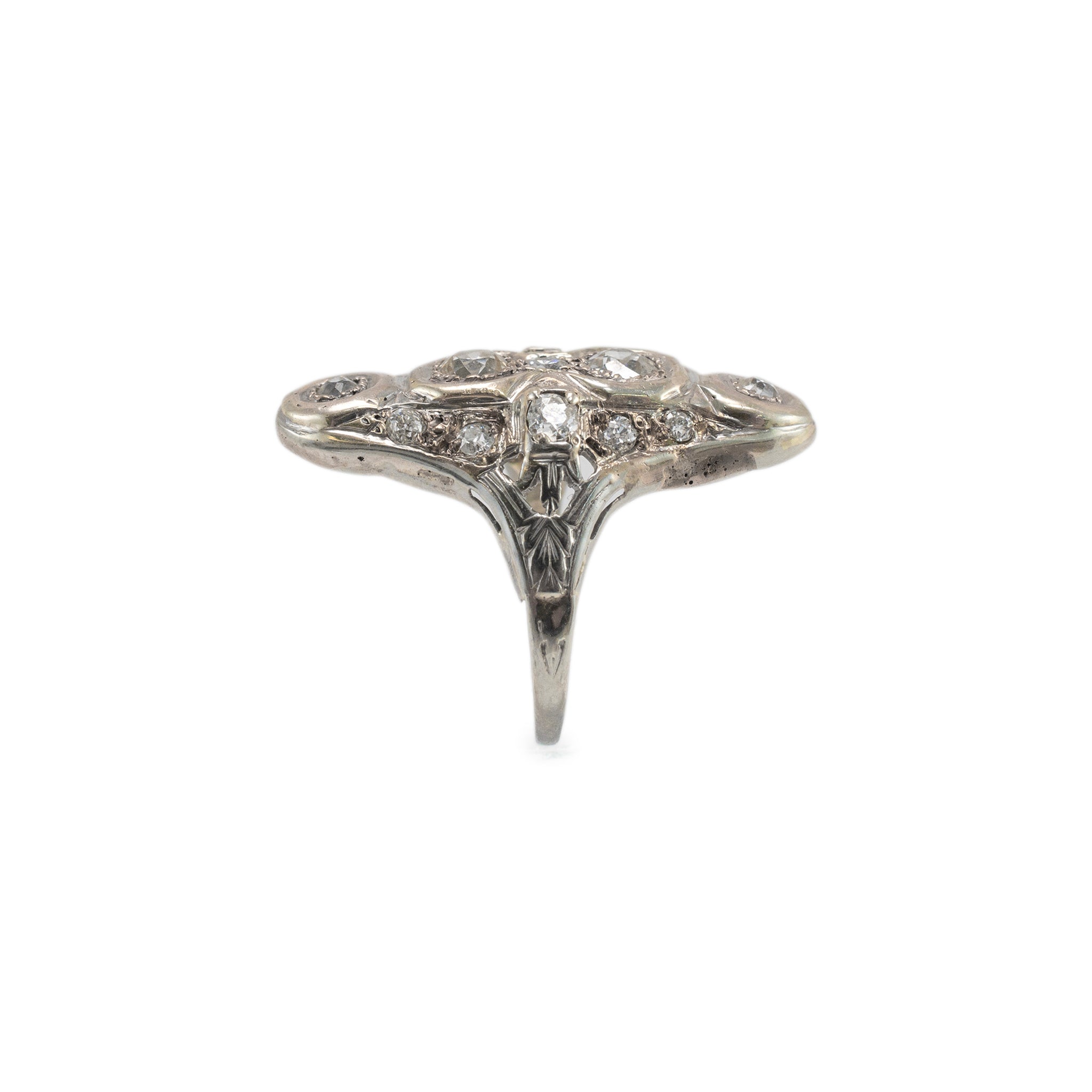 Ladies Antique White Gold Old European & Baguette Diamond Cocktail Ring