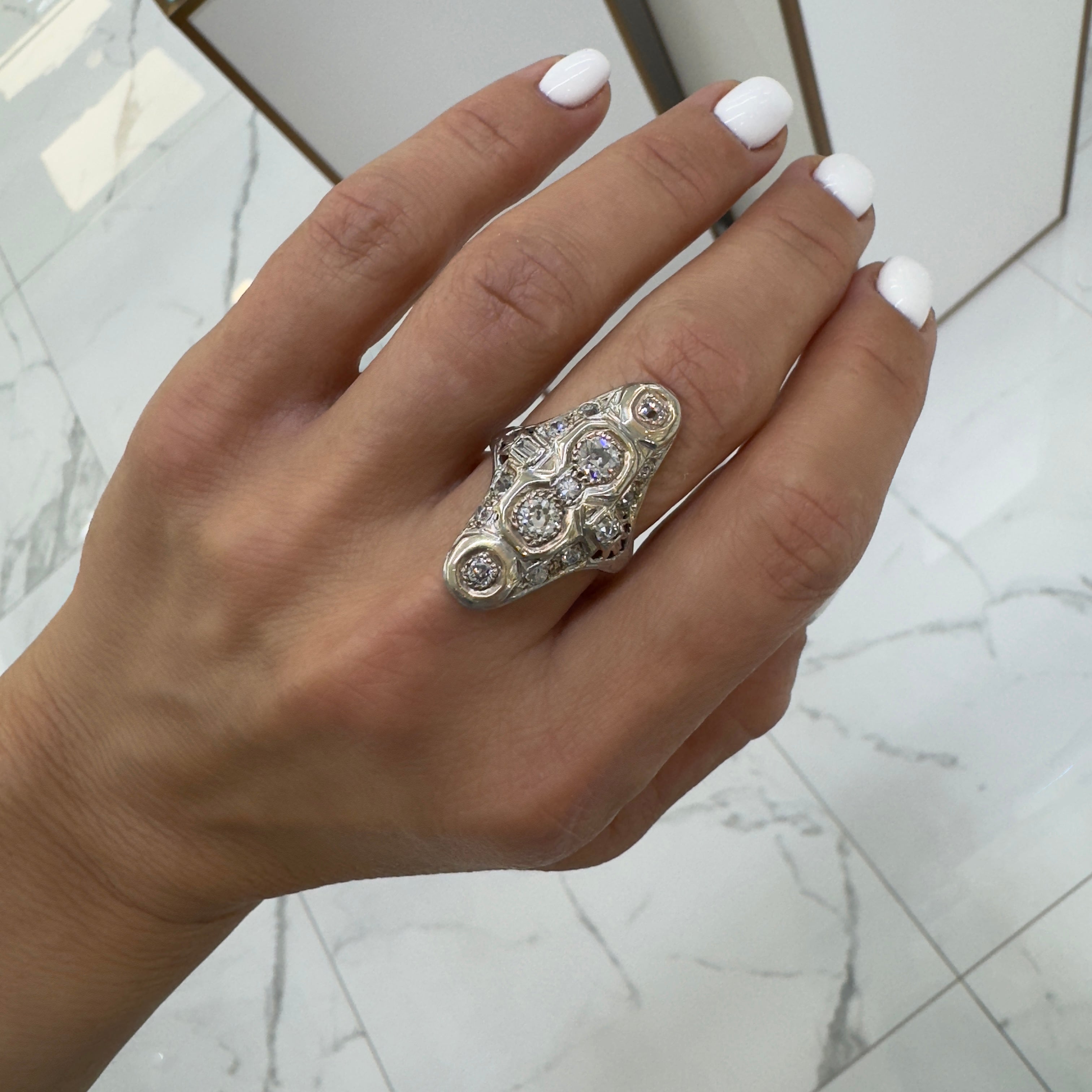 Ladies Antique White Gold Old European & Baguette Diamond Cocktail Ring