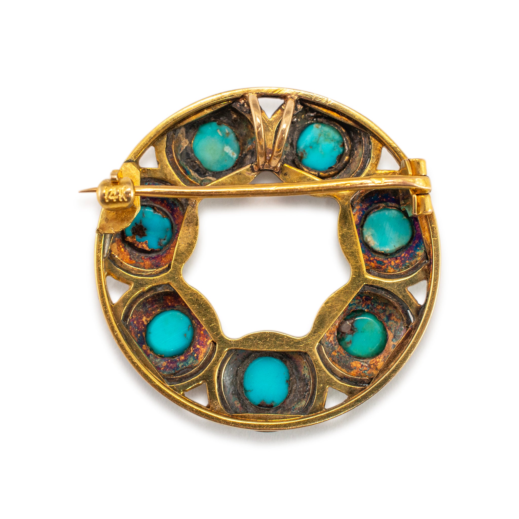 Antique Victorian 18K and 14K Yellow Gold Turquoise Diamond Pin Brooch Pendant