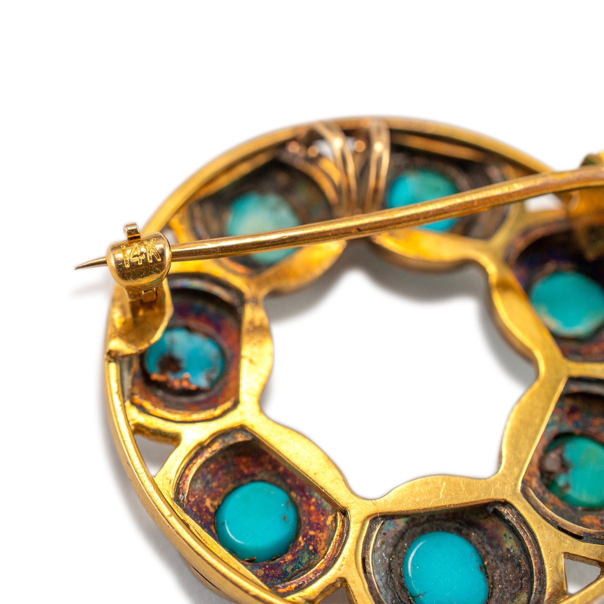 Antique Victorian 18K and 14K Yellow Gold Turquoise Diamond Pin Brooch Pendant
