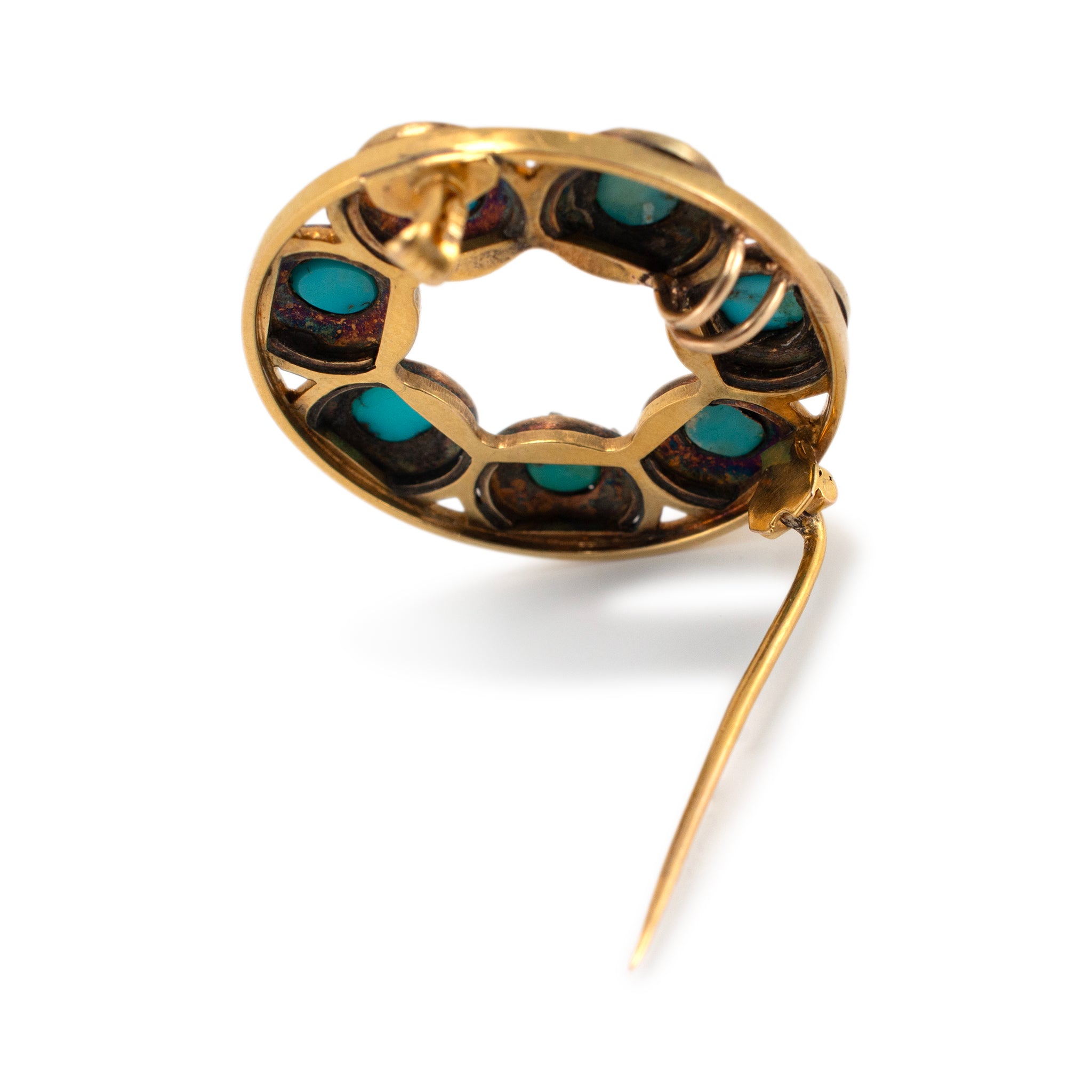Antique Victorian 18K and 14K Yellow Gold Turquoise Diamond Pin Brooch Pendant