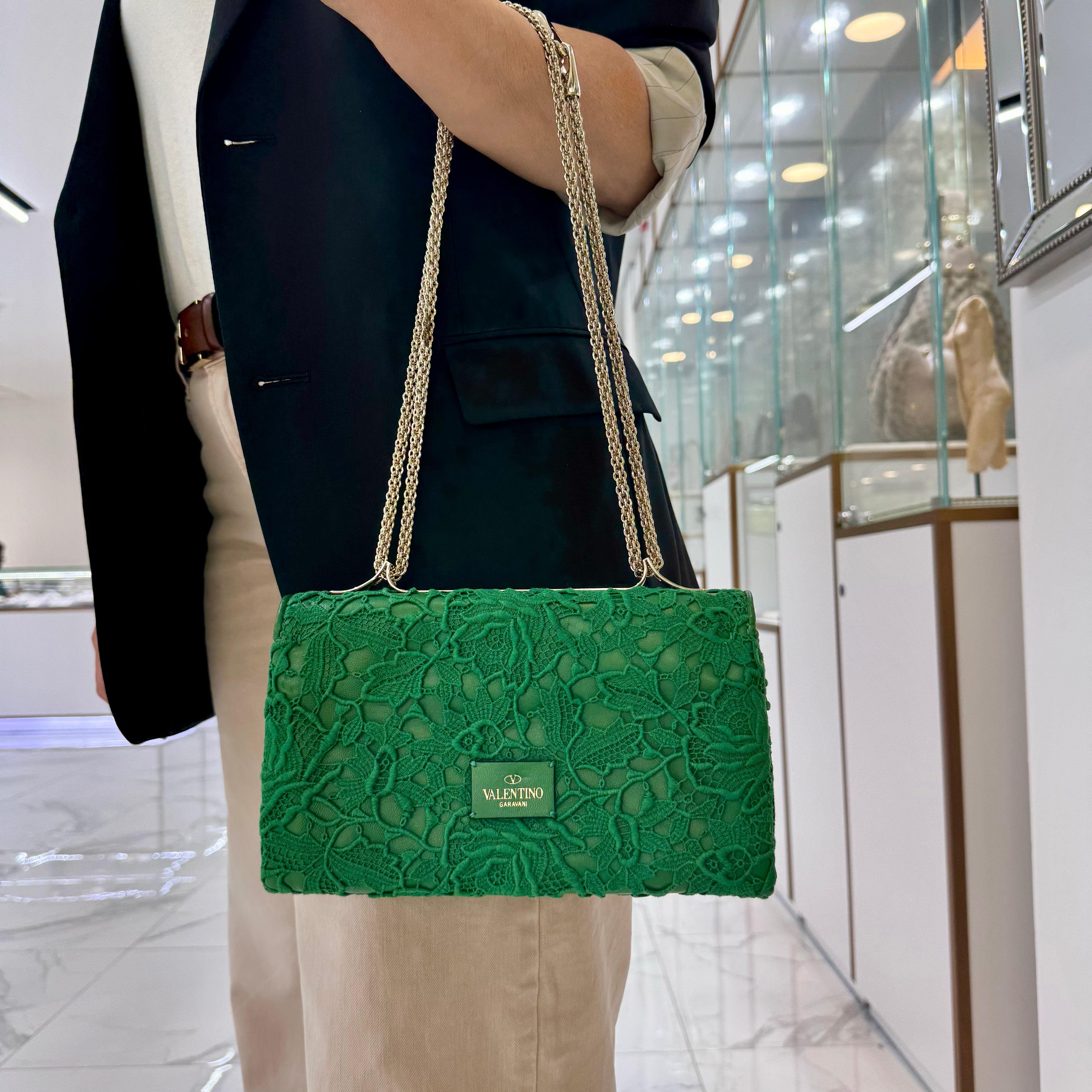 Valentino Garavani Green Leather Rockstud Shoulder Handbag