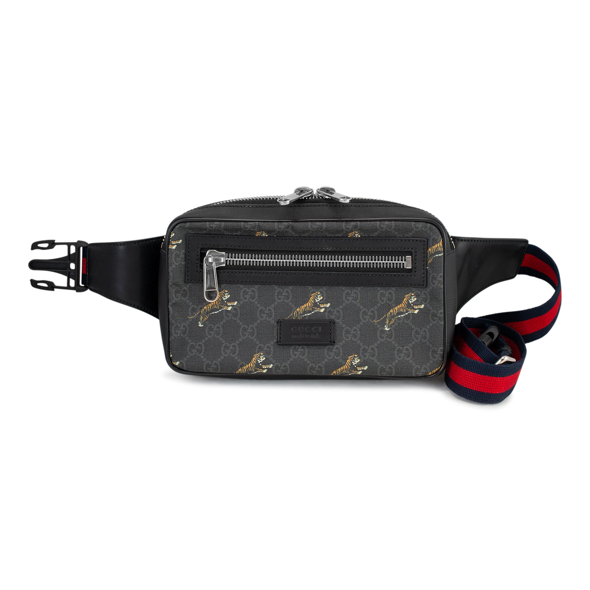 Gucci GG Monogram Supreme Tigers Black Leather Bestiary Belt Bag