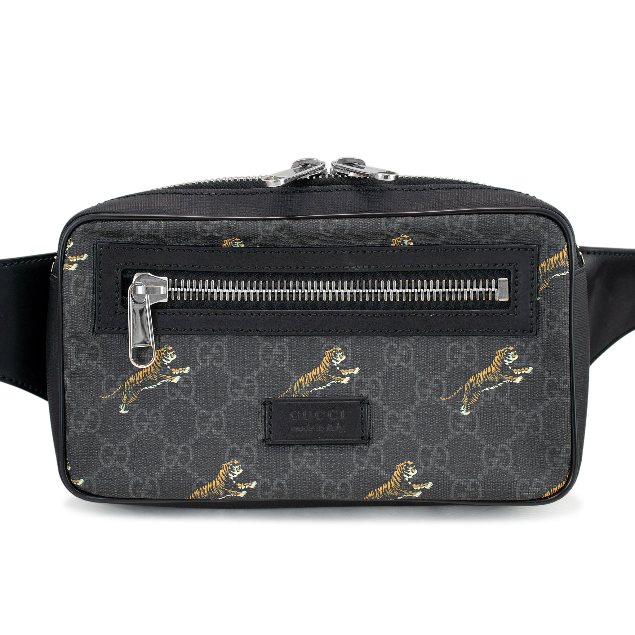 Gucci GG Monogram Supreme Tigers Black Leather Bestiary Belt Bag