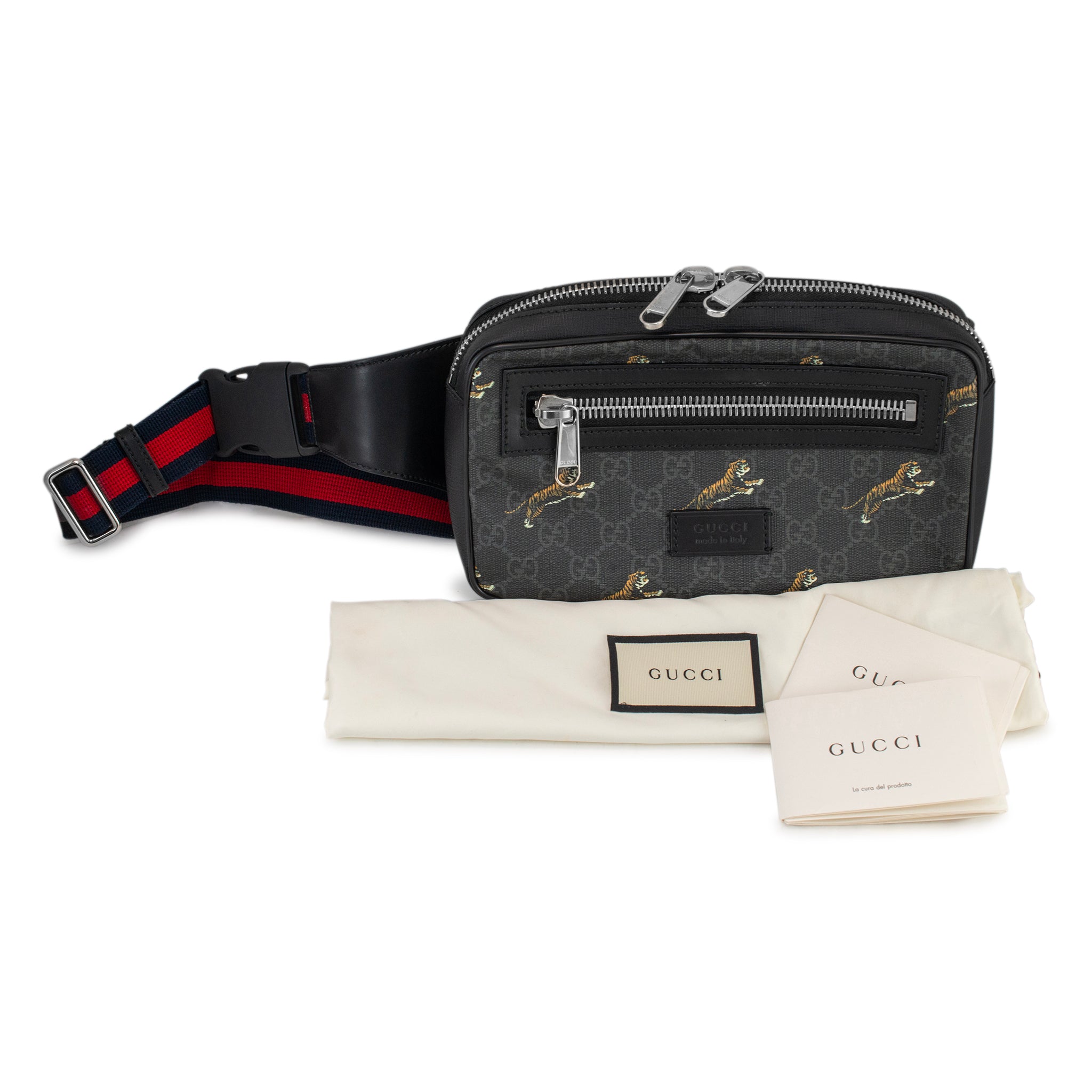 Gucci GG Monogram Supreme Tigers Black Leather Bestiary Belt Bag