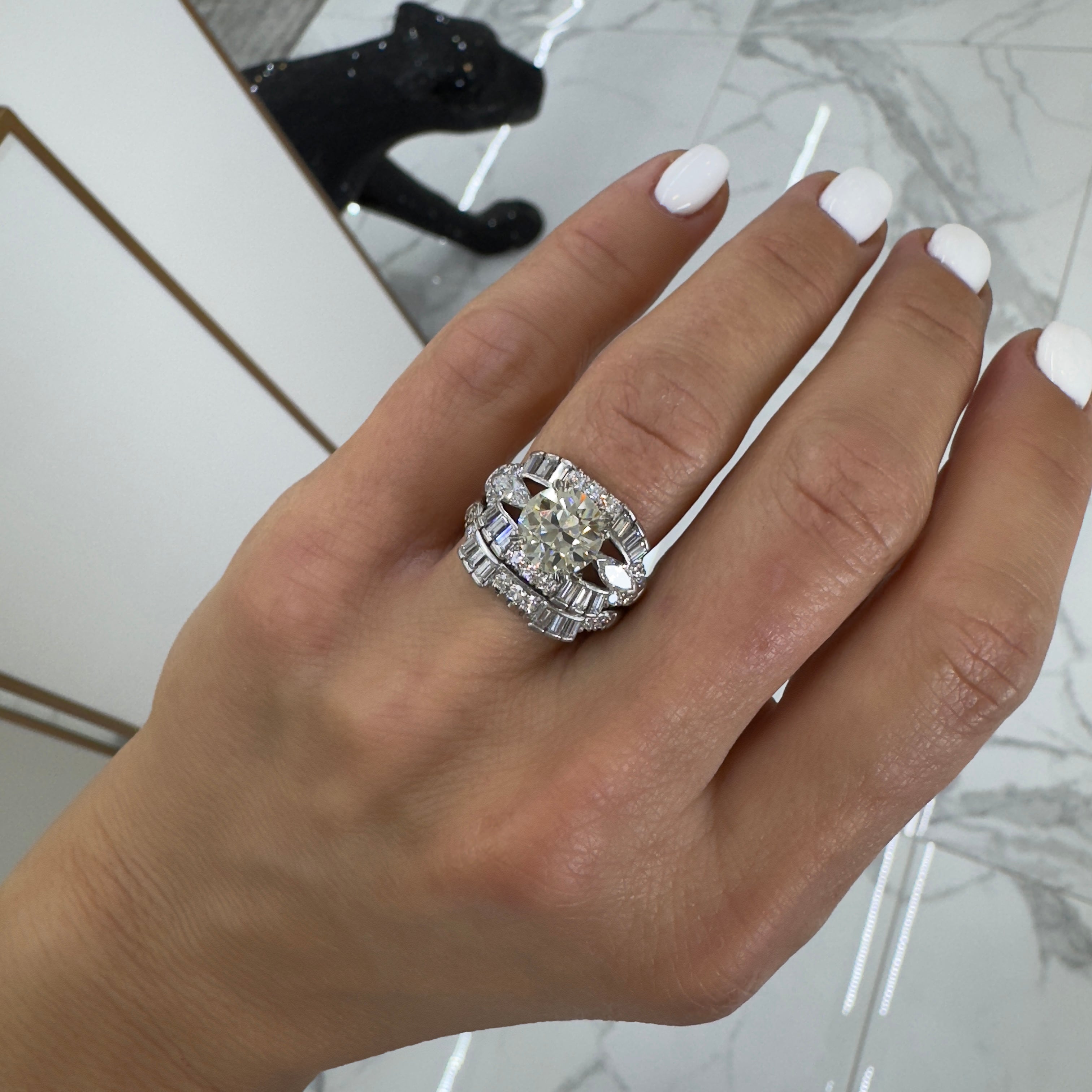 Antique Platinum 3.52ct Old European Cut Accented Diamond Engagement Ring