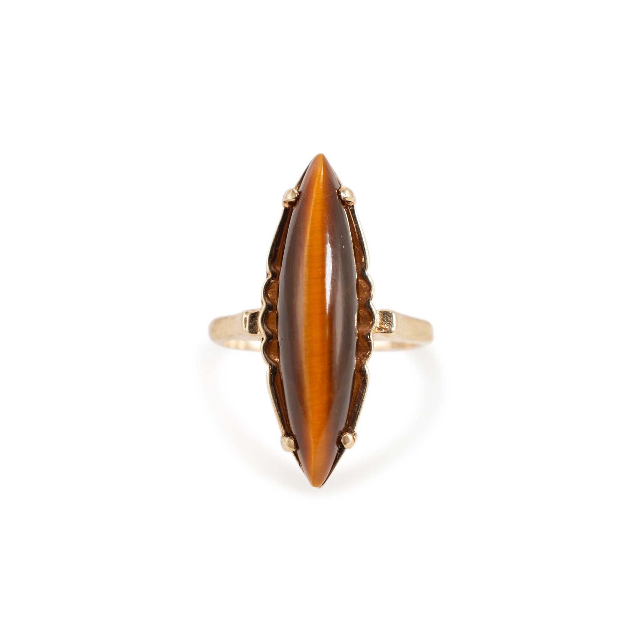 Vintage 10K Yellow Gold Elongated Marquise Shaped Tiger’s Eye Cocktail Ring