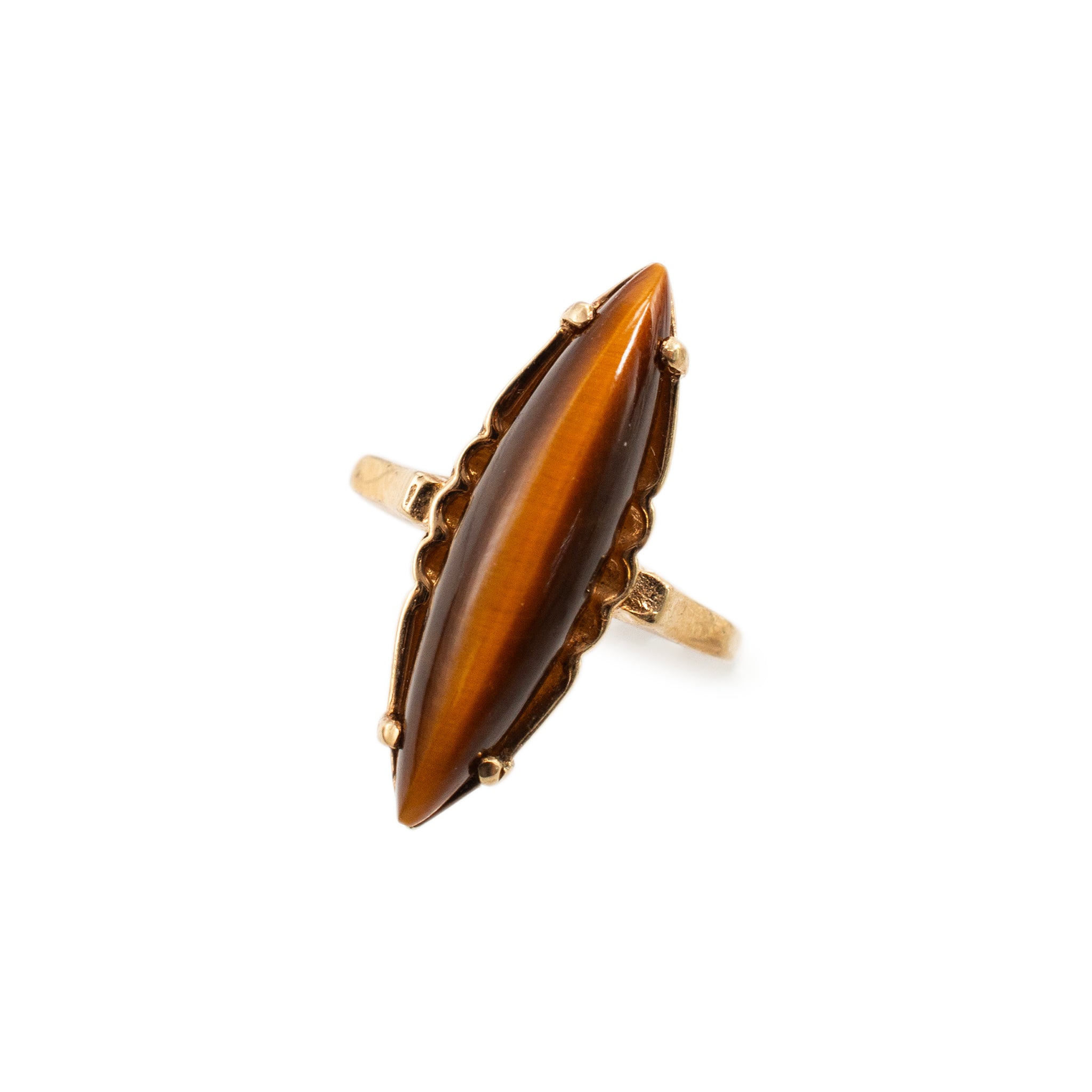Vintage 10K Yellow Gold Elongated Marquise Shaped Tiger’s Eye Cocktail Ring