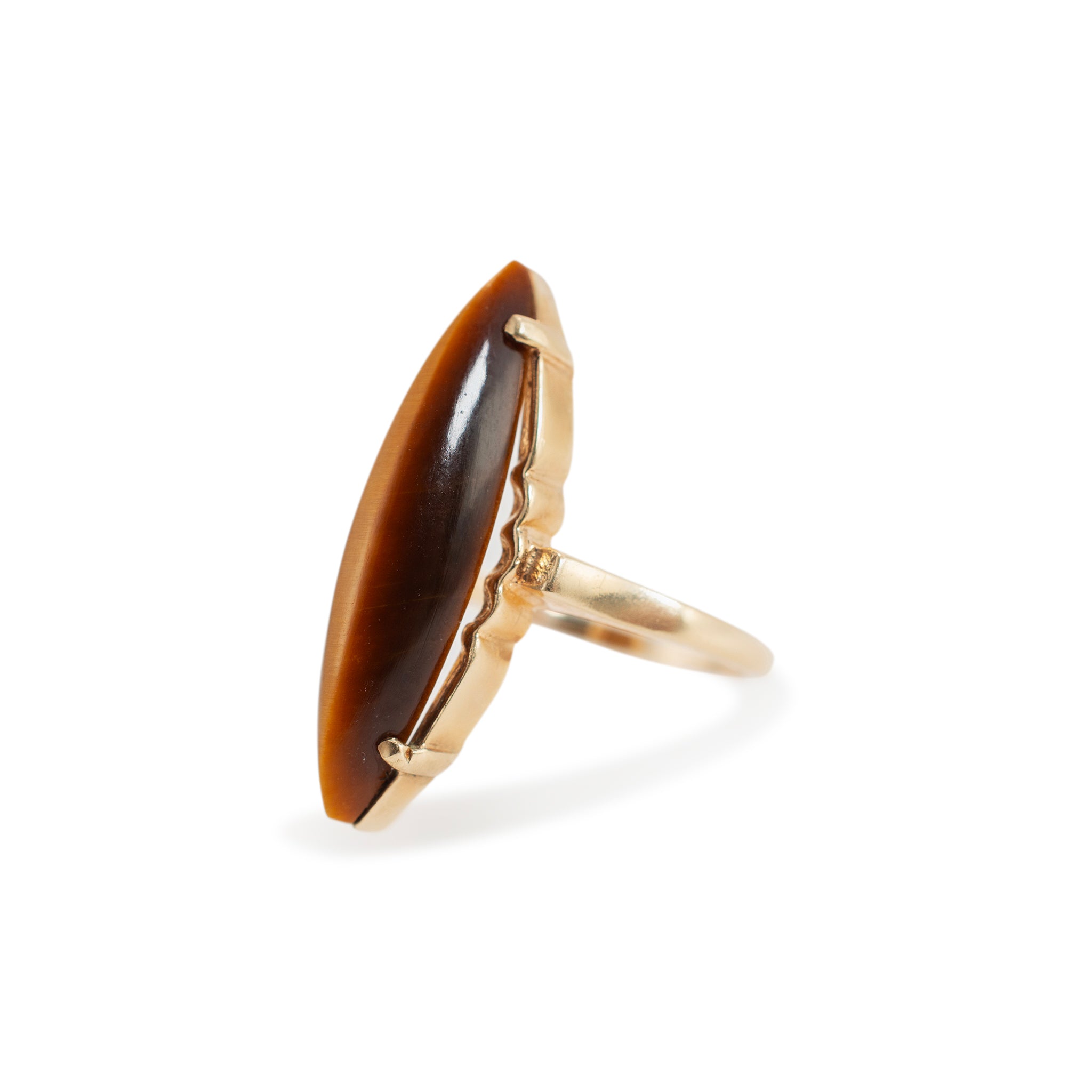 Vintage 10K Yellow Gold Elongated Marquise Shaped Tiger’s Eye Cocktail Ring