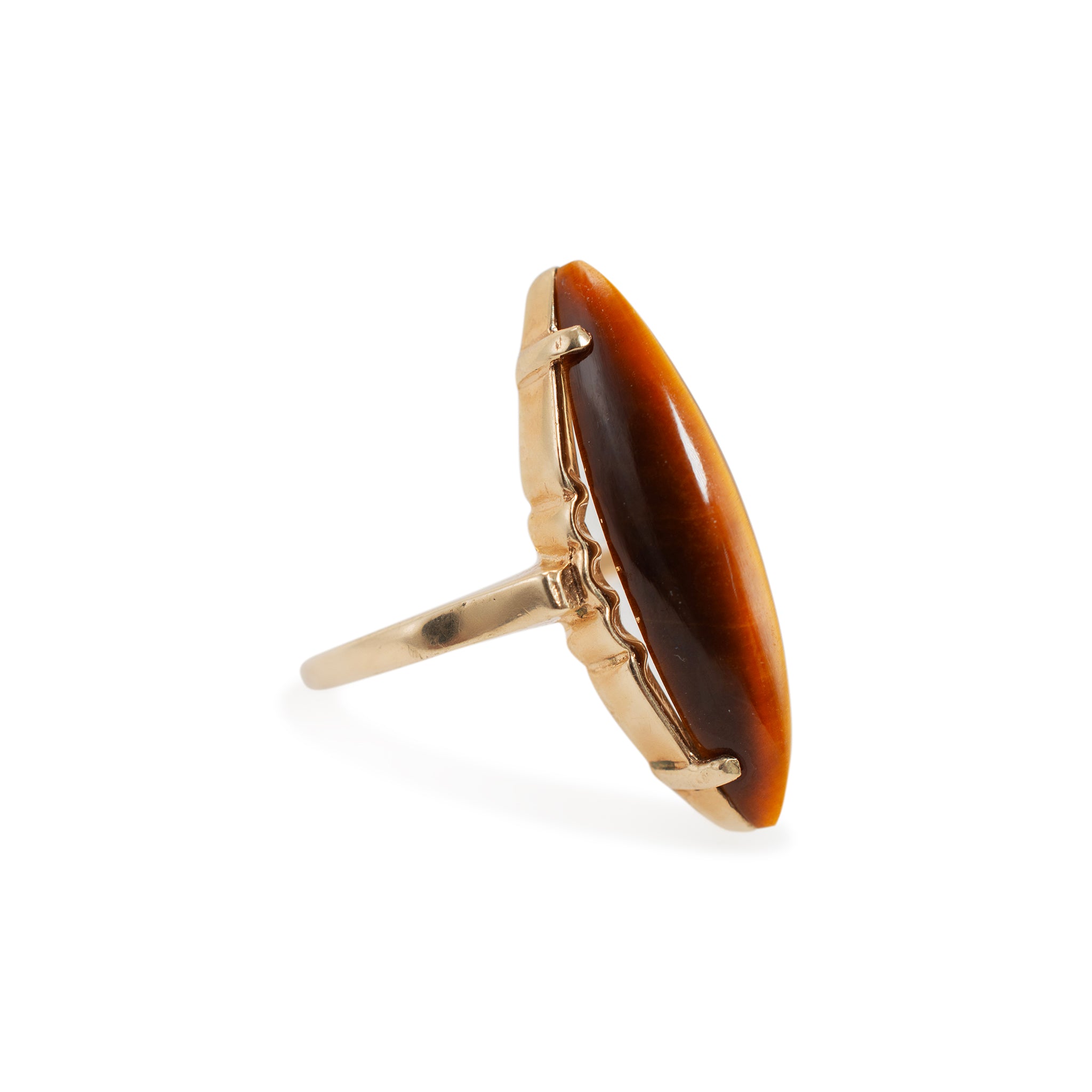 Vintage 10K Yellow Gold Elongated Marquise Shaped Tiger’s Eye Cocktail Ring
