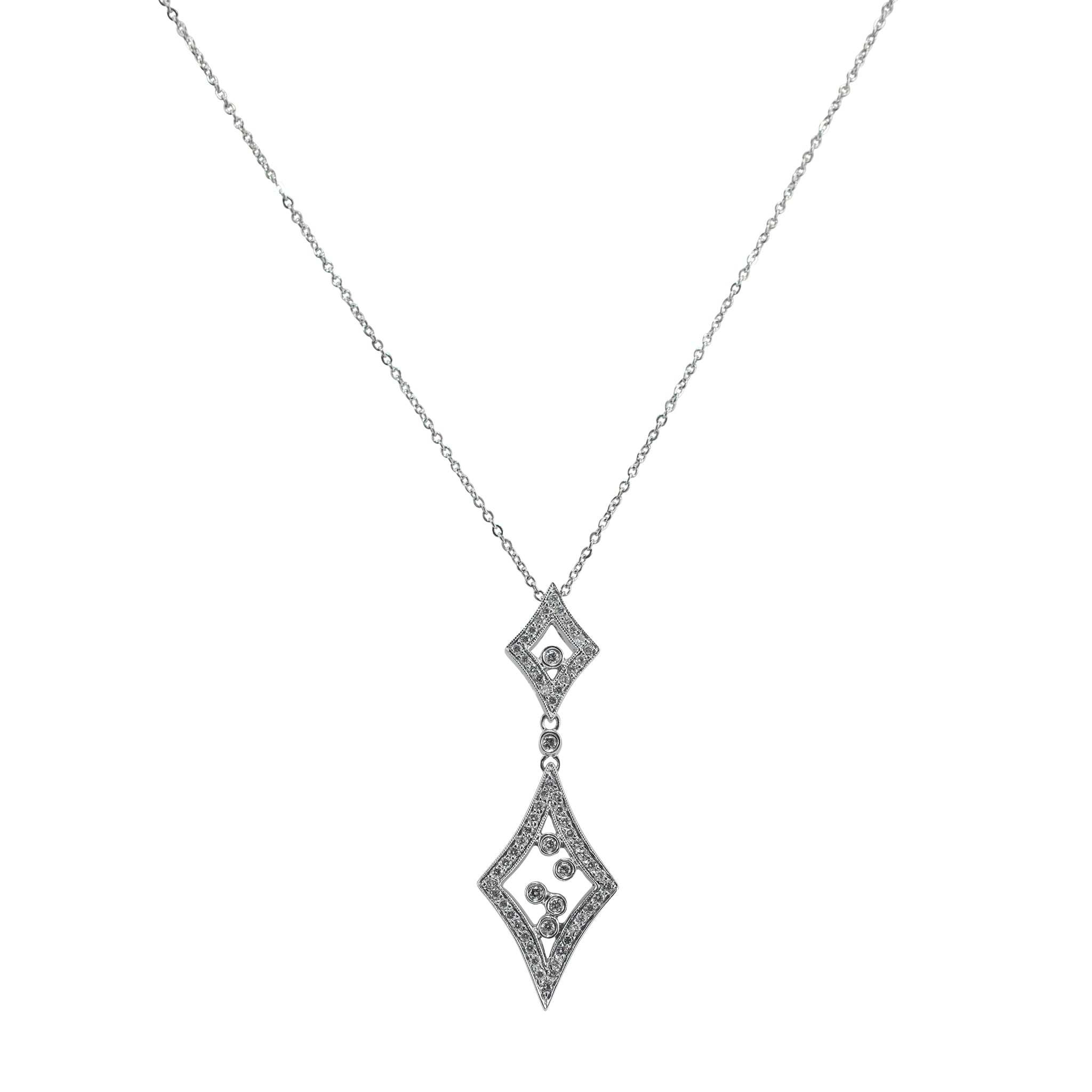 Ladies 14K White Gold Double Rhombus Diamond Drop Pendant Necklace