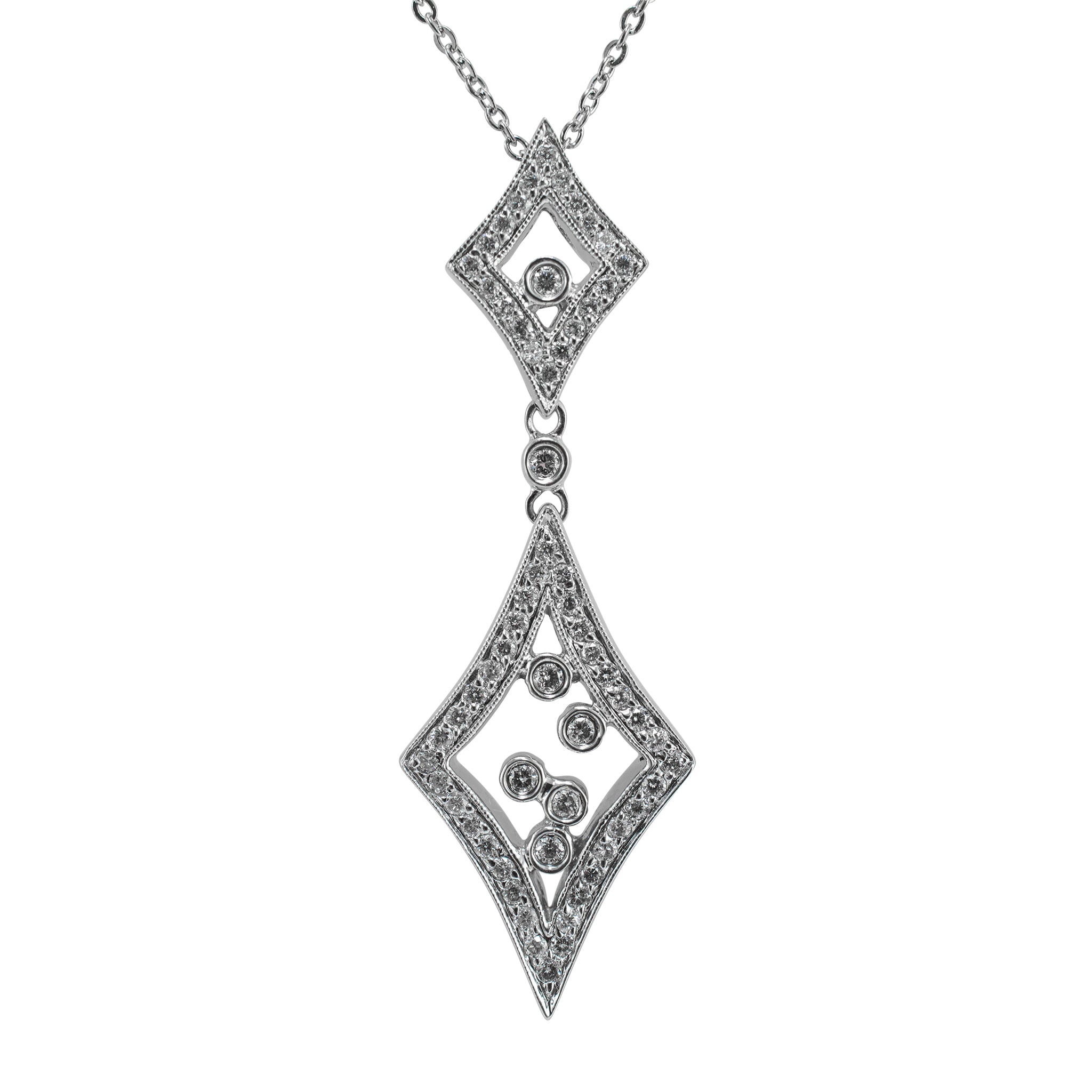 Ladies 14K White Gold Double Rhombus Diamond Drop Pendant Necklace