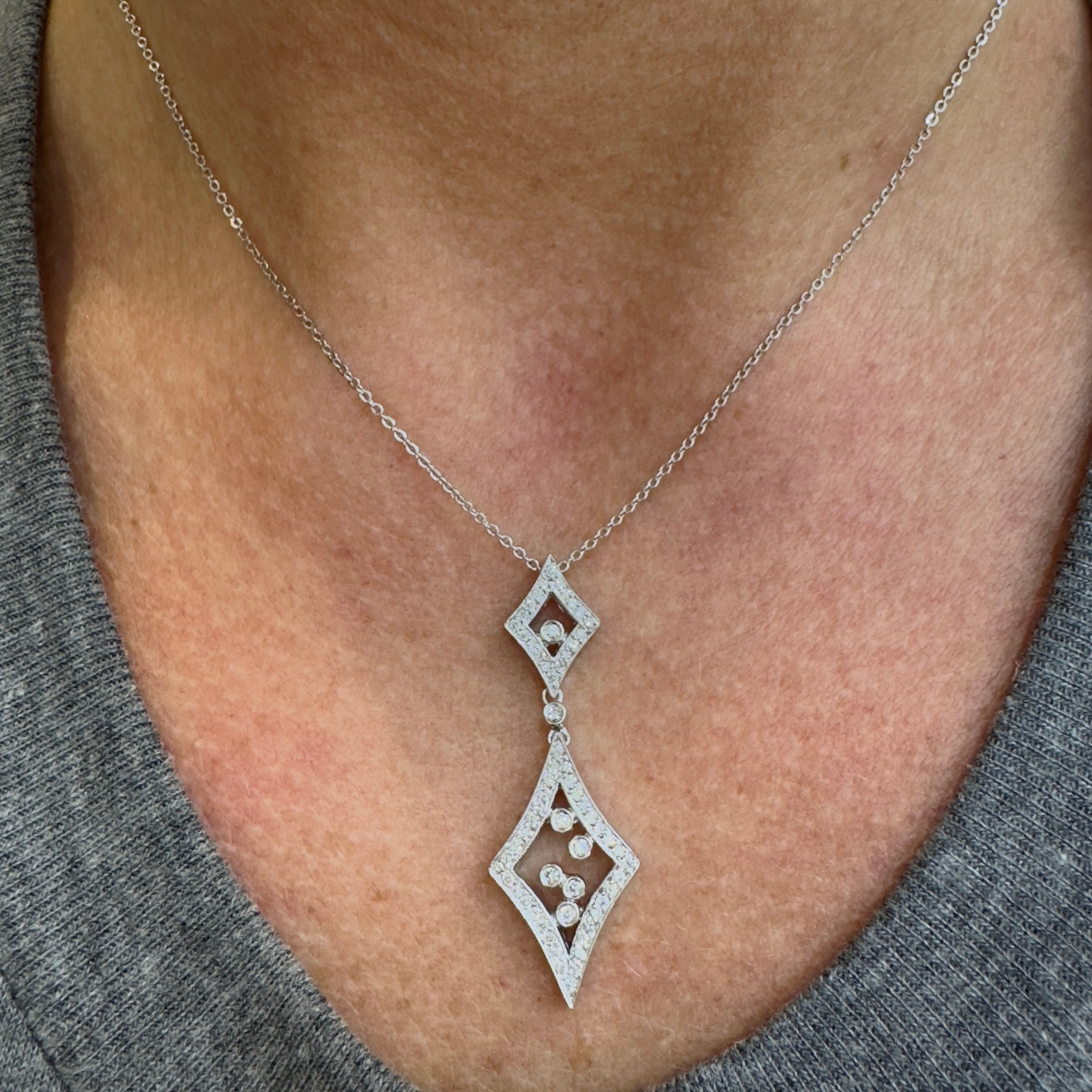 Ladies 14K White Gold Double Rhombus Diamond Drop Pendant Necklace