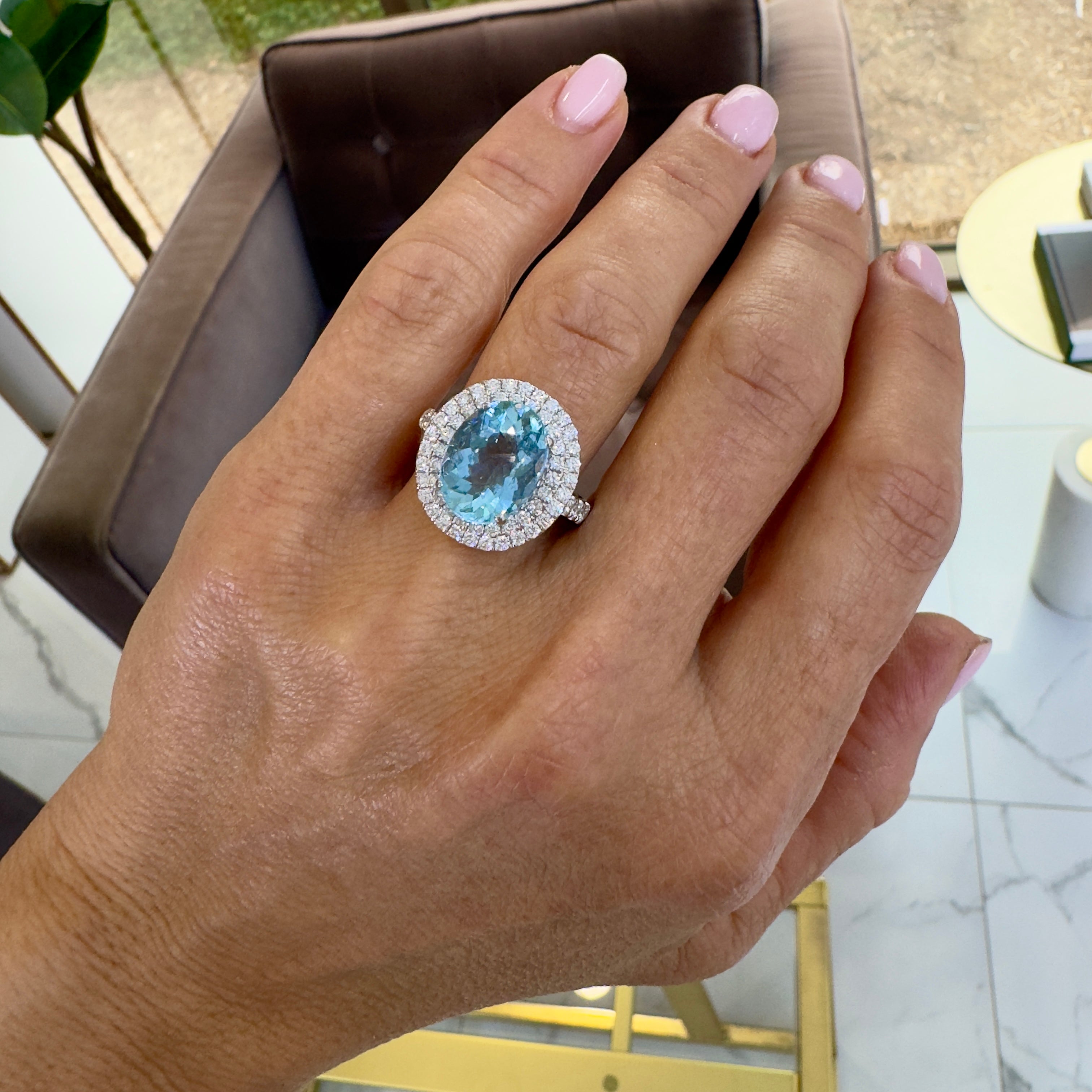 Ladies 14K White Gold 4.52ct Aquamarine Halo Diamond Cocktail Ring