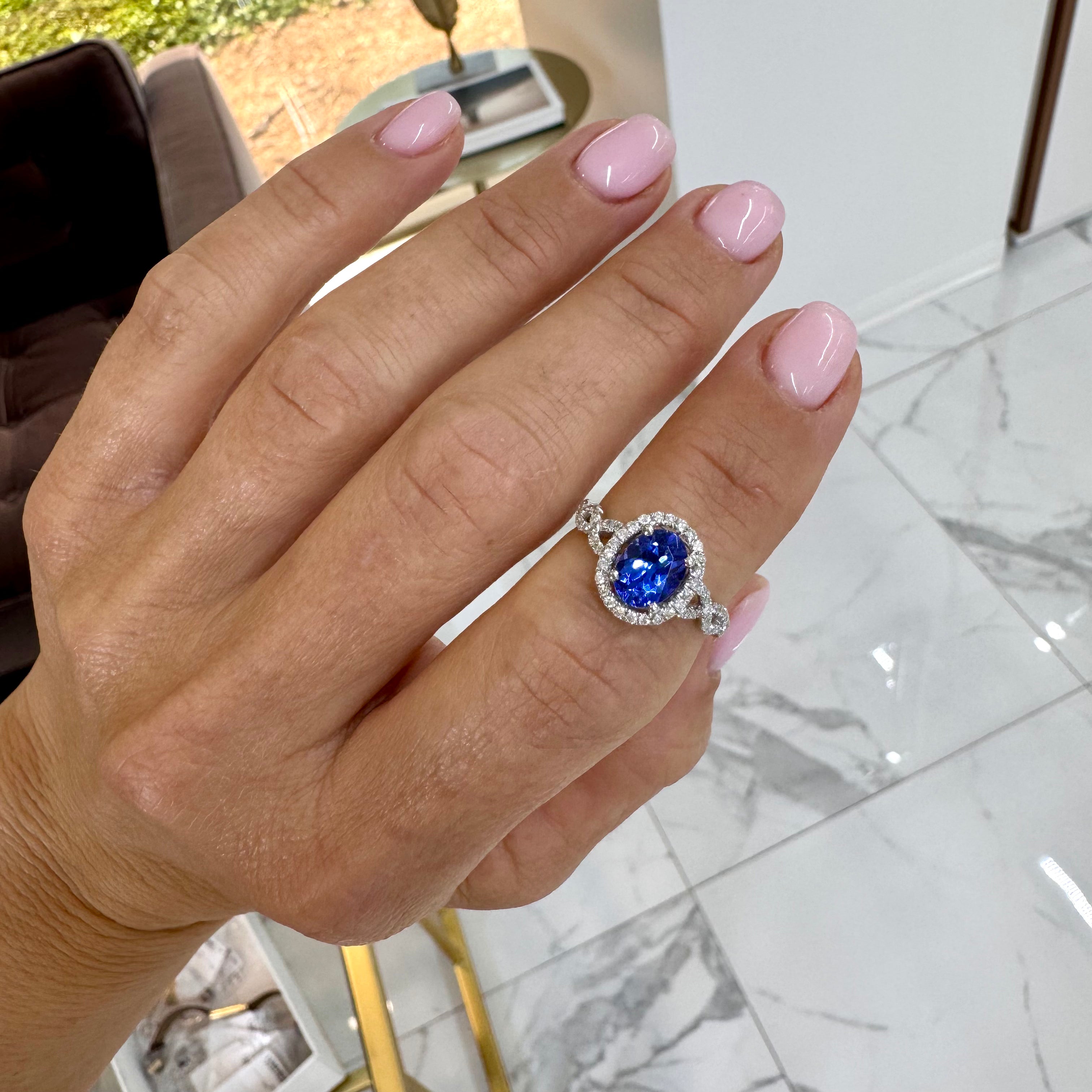 14K White Gold 1.32ct Tanzanite Halo Accented Diamond Cocktail Ring